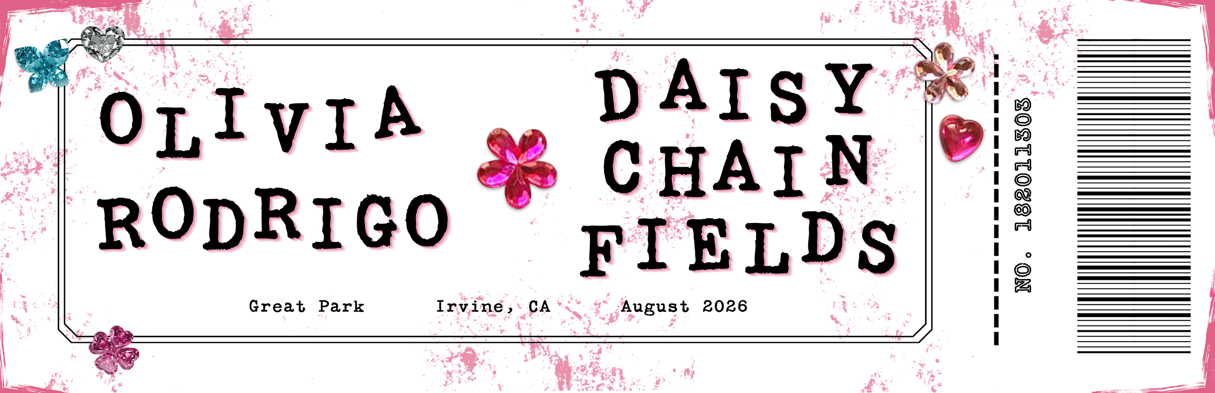A pink and white decorative concert ticket with flowers and hearts, displaying names Olivia Rodrigo and Daisy Chain Fields, located at Great Park in Irvine, California, for August 2026, with a barcode and serial number on the right side.