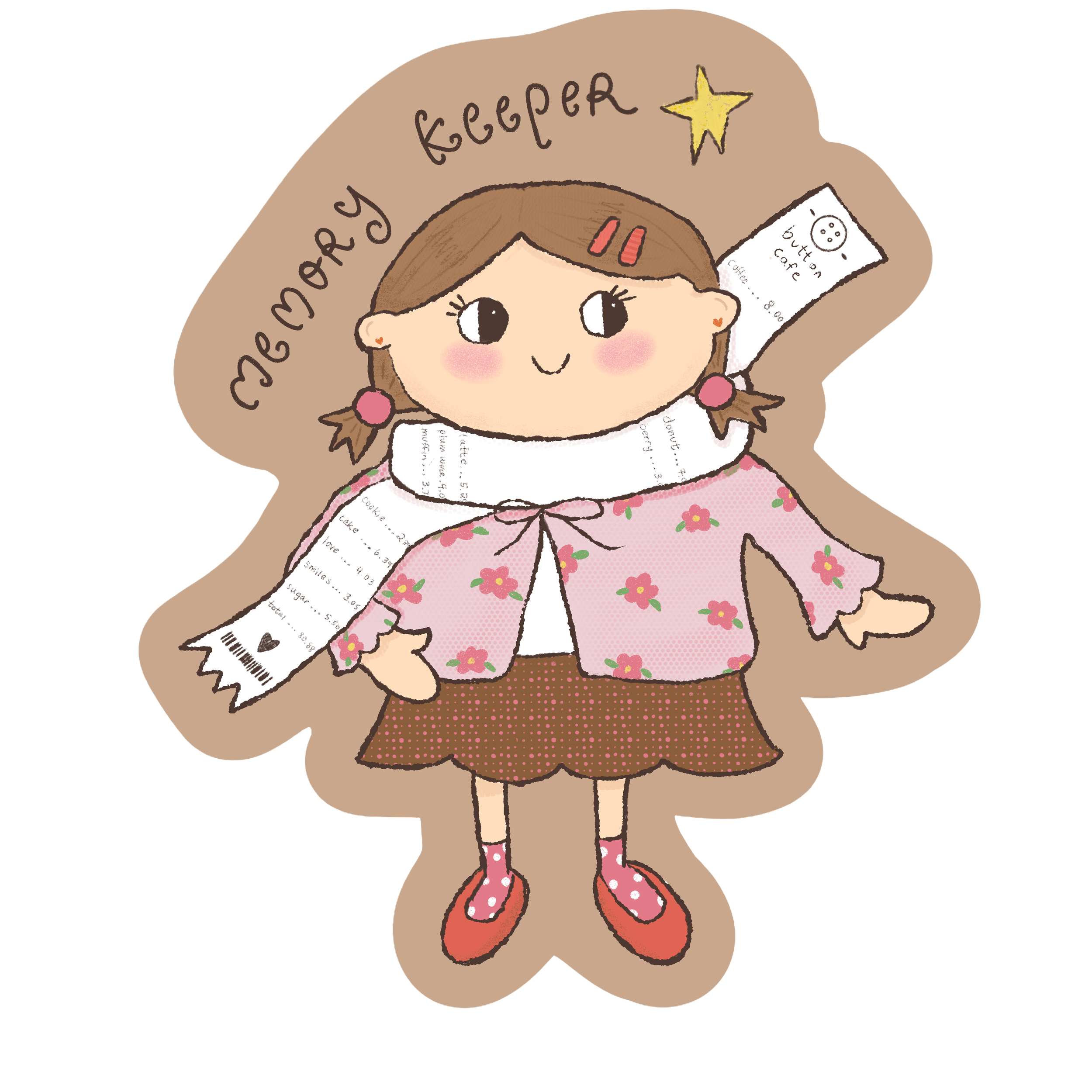 A cute cartoon girl with brown hair and pink hair clips, wearing pink shoes with white polka dots, standing on a beige background with handwritten text, a star, and a receipt. The text reads 'Merry Keeper' with a yellow star above, and there is a whi