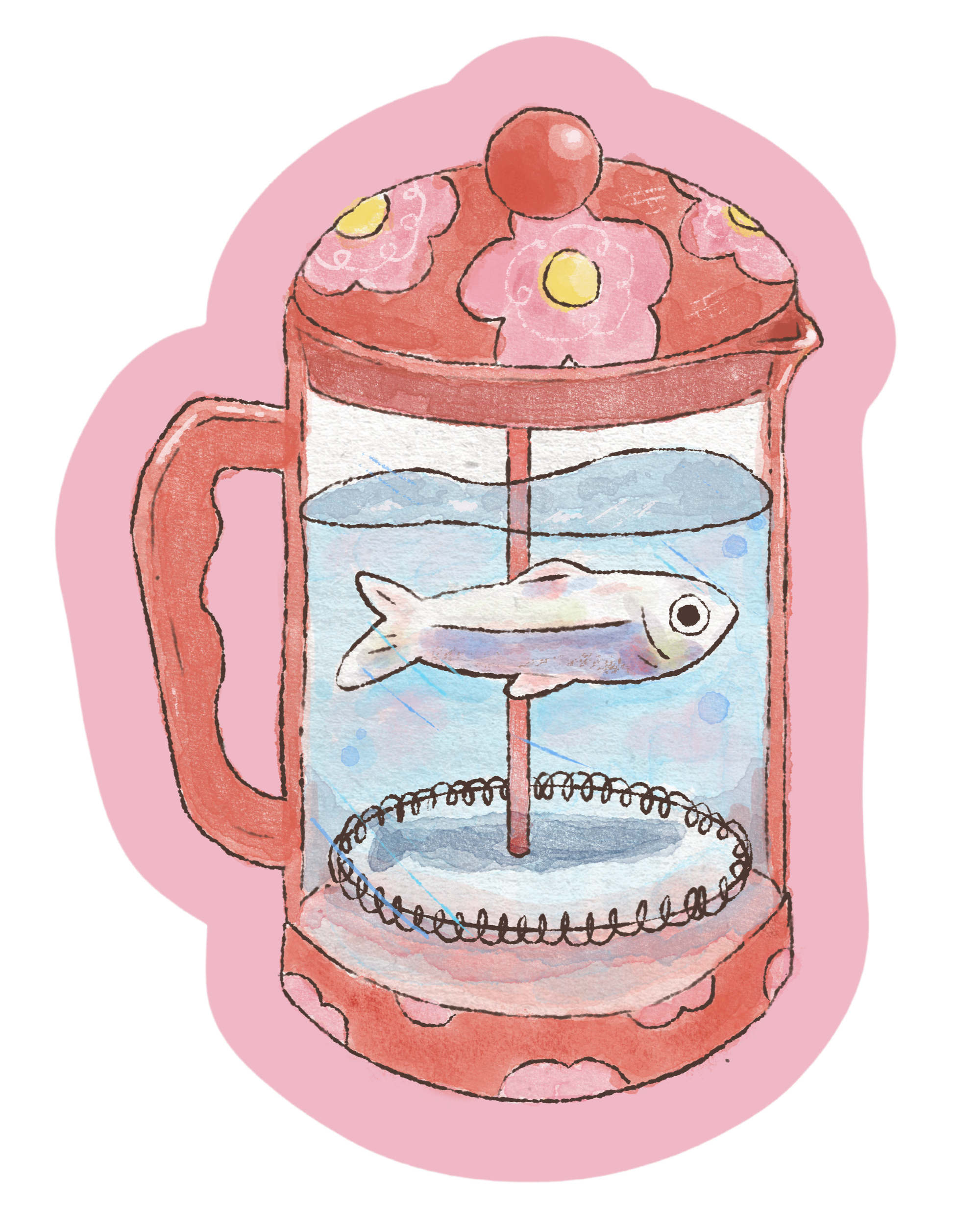 Watercolor drawing of a glass water dispenser with a fish at the bottom, decorated with pink and yellow flowers, and a cherry on top, on a pink background.