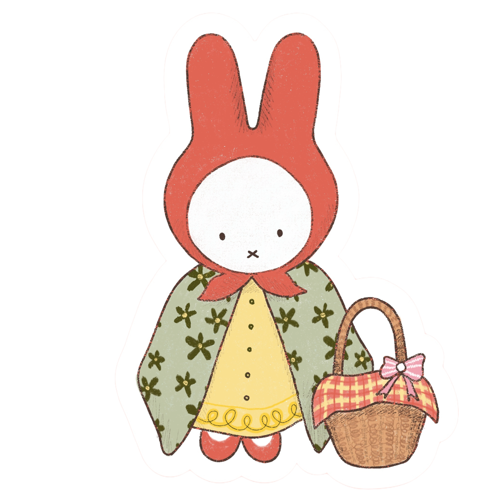 Cartoon of a bunny wearing a floral dress, holding a basket, with a bow on the basket.