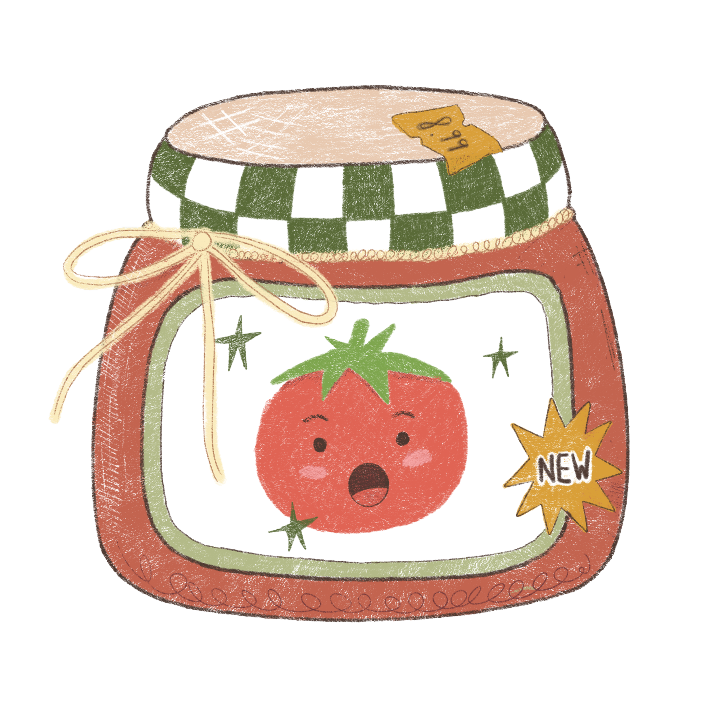 Hand-drawn illustration of a Christmas-themed gift box with a red and green color scheme, a checkerboard pattern on top, and a label indicating 'NEW'.