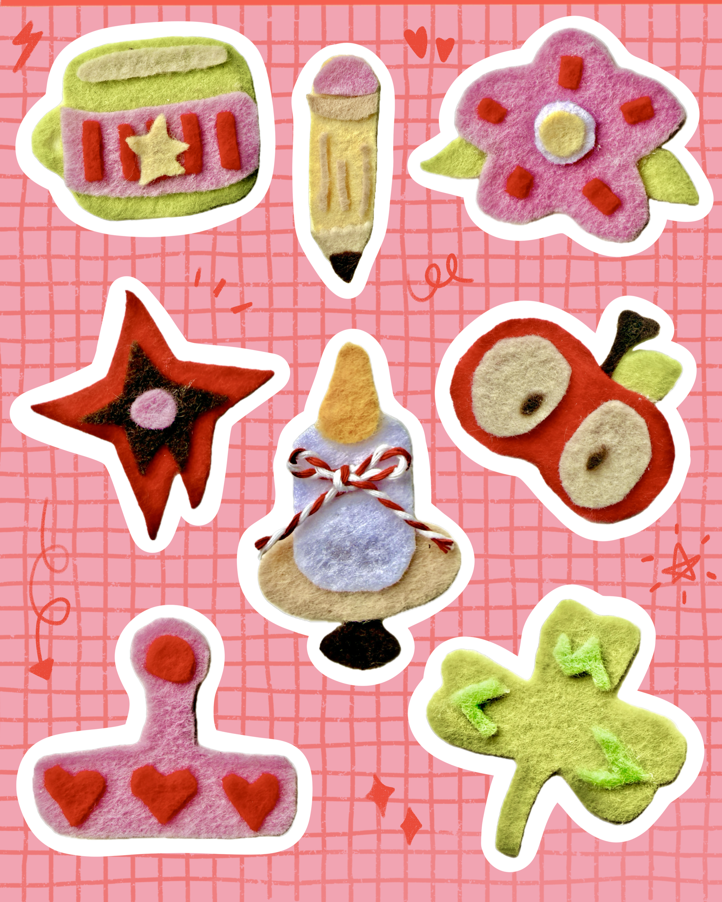 Collection of colorful felt stickers shaped like holiday-themed objects, including a Christmas stocking, a snowman, a Christmas tree, a star, a candy cane, and a gingerbread cookie, set against a pink grid background with red doodles.