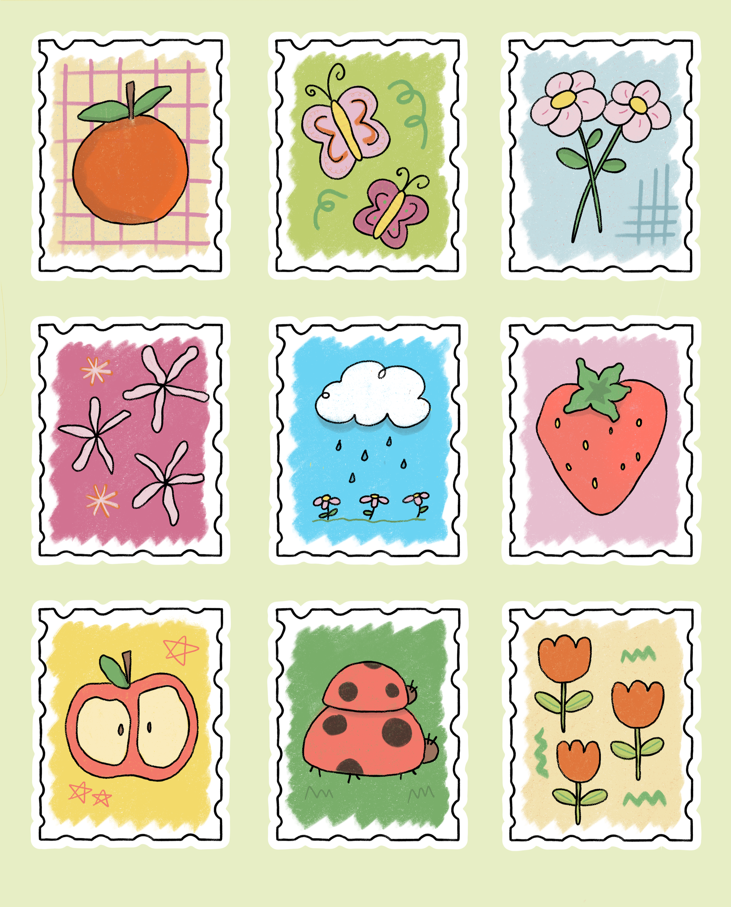 Collection of colorful, hand-drawn stickers featuring a peach, butterflies, flowers, a cloud with rain, a strawberry, a ladybug, and orange blossoms.