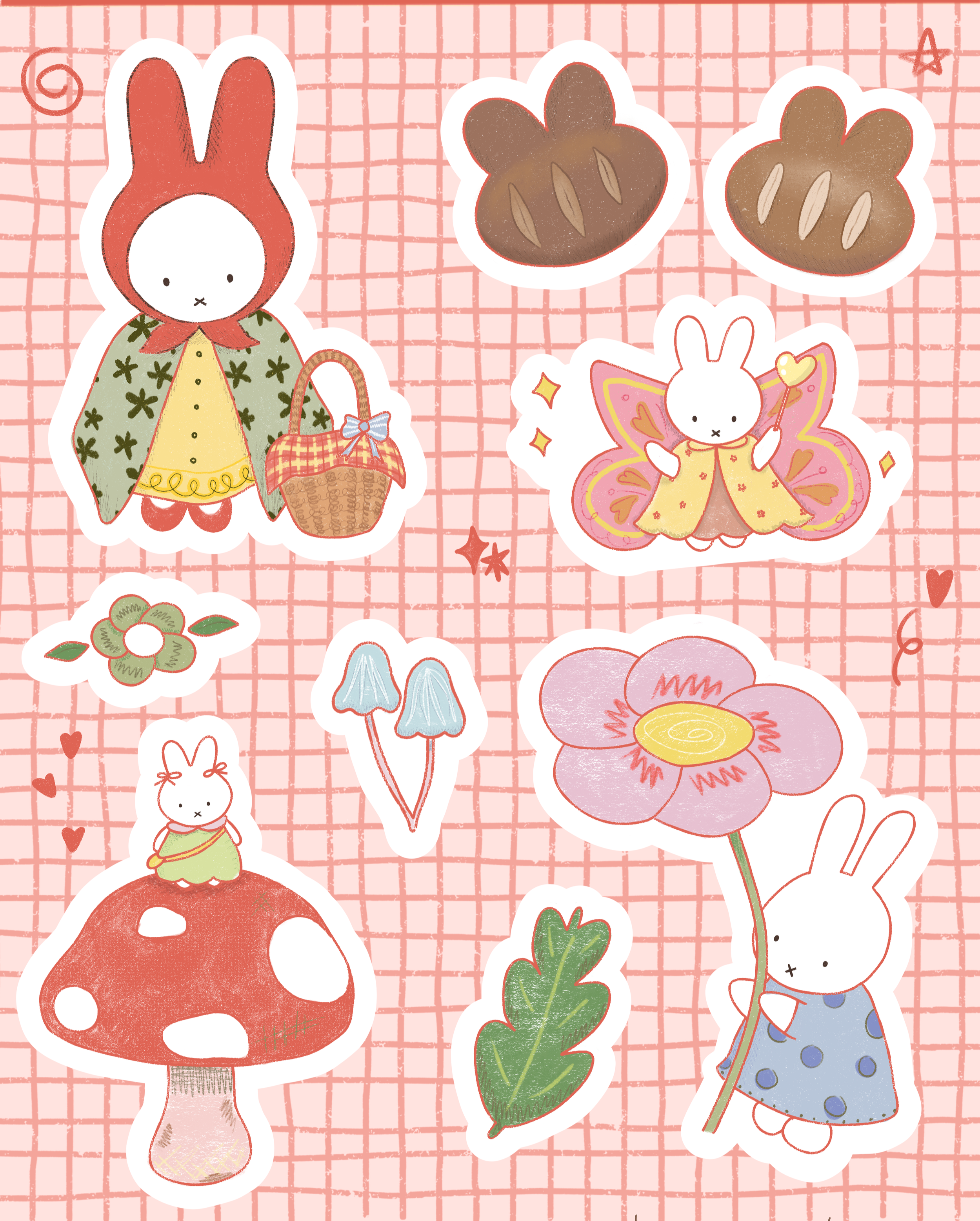 Set of cute illustrated stickers featuring rabbits, flowers, leaves, mushrooms, and a bear on a pink grid background.