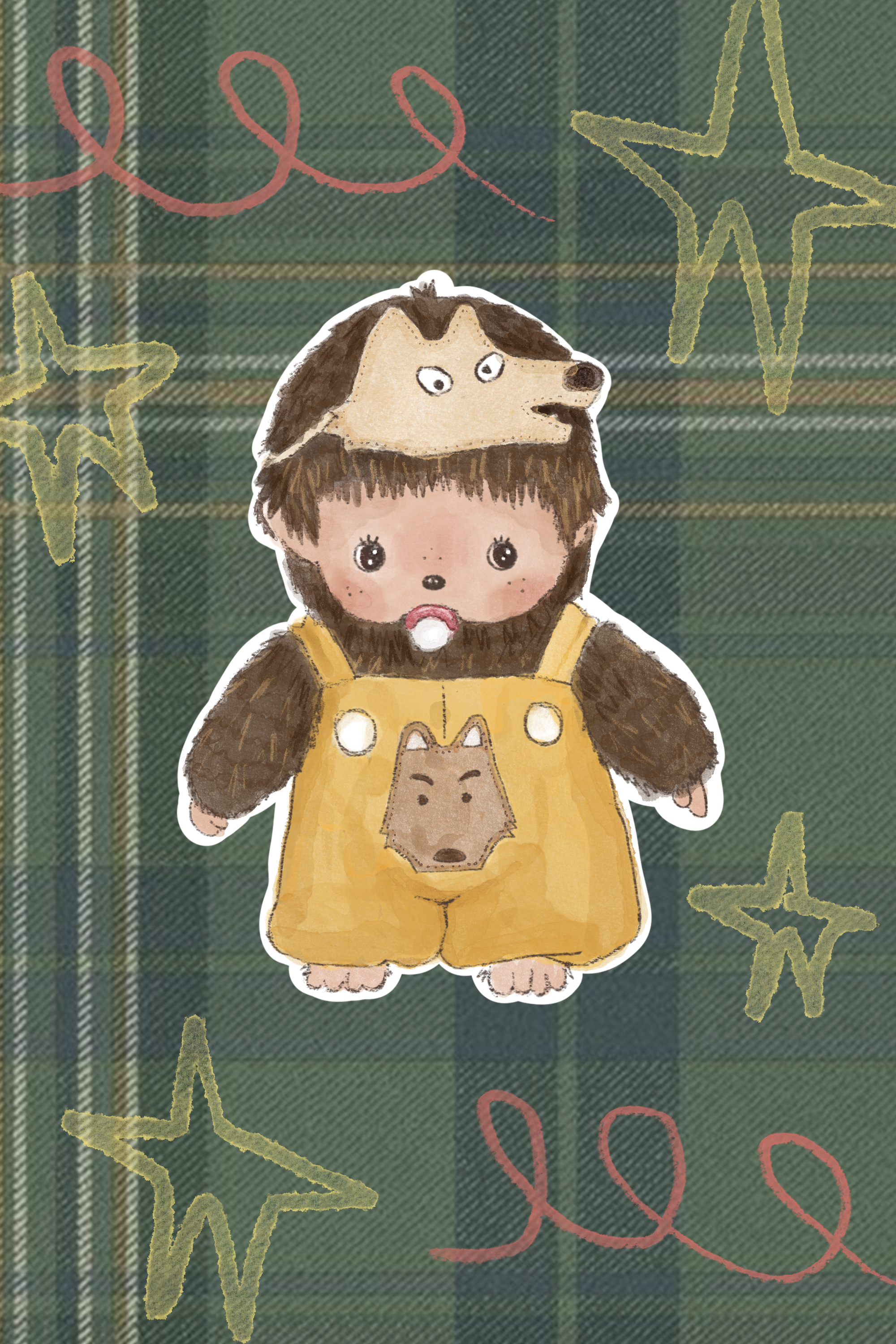A child dressed in a lion costume with a lion face hood, standing on a green and yellow plaid background with red and yellow star and swirl drawings.