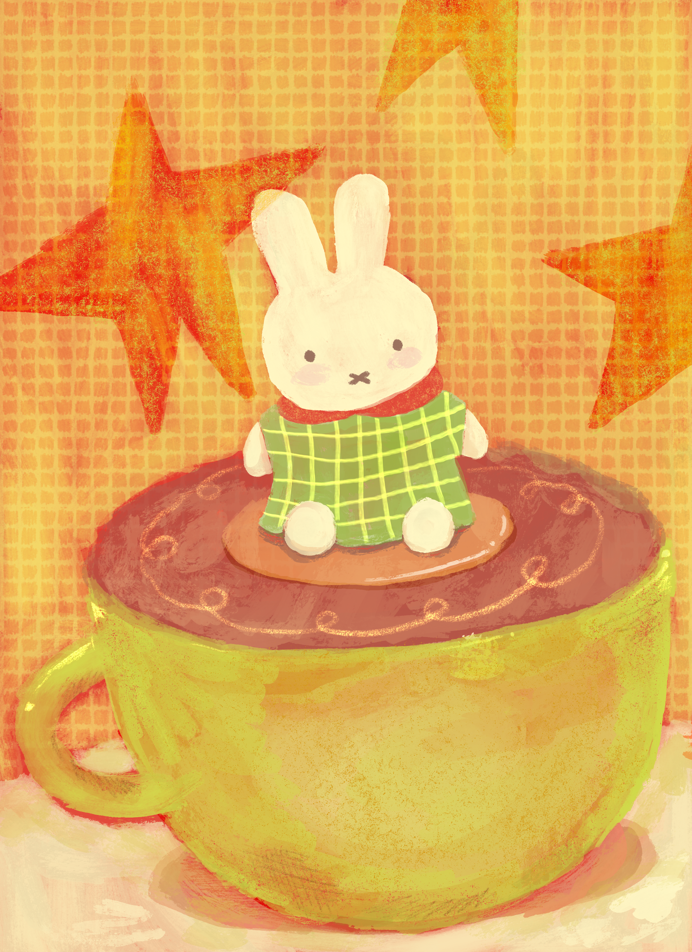 A cute illustration of a white bunny with pink cheeks wearing a green dress with yellow checkered pattern, sitting on a round platform inside a large yellow teacup. The background features a textured orange and yellow pattern with orange stars.