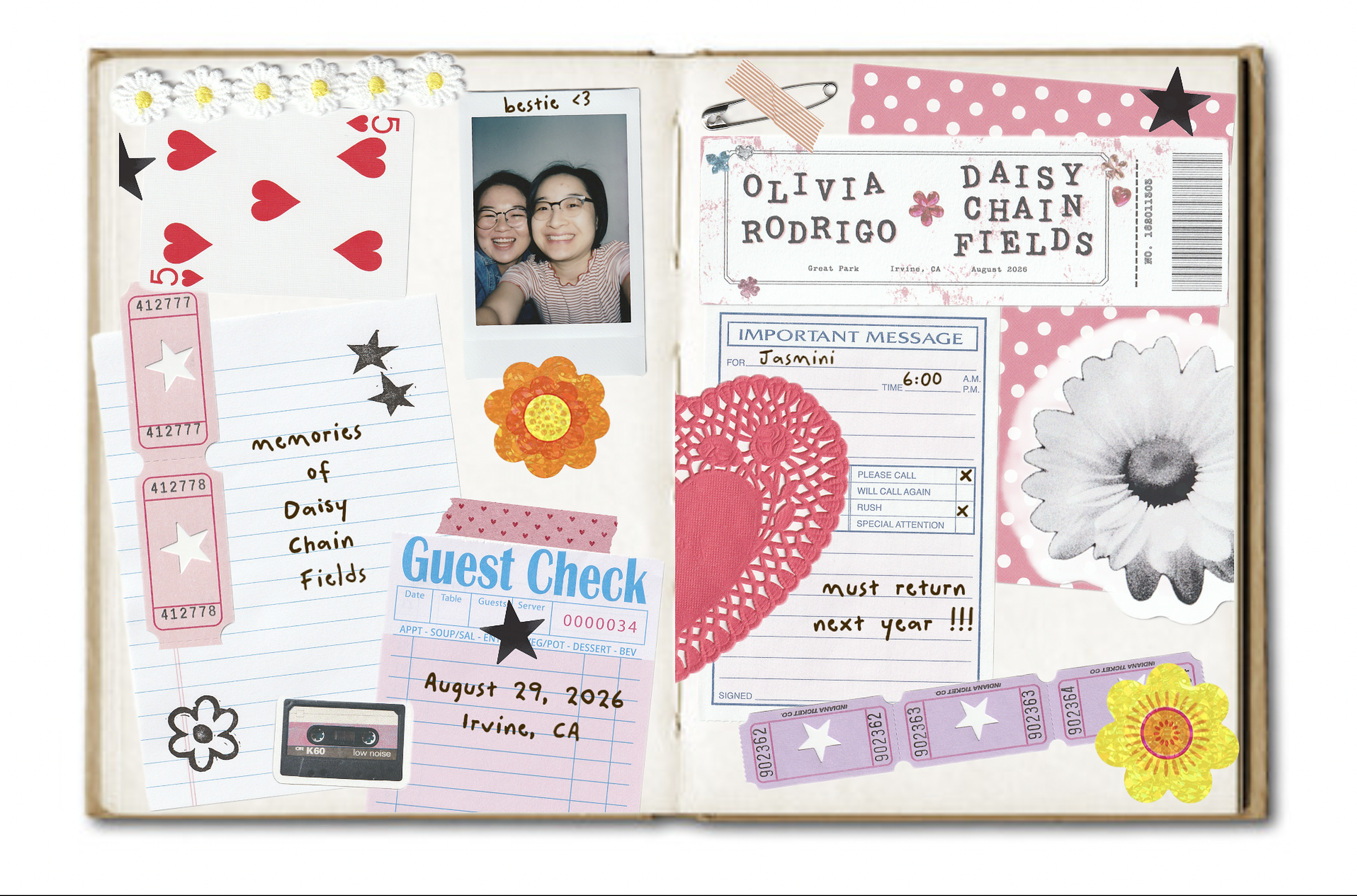 A scrapbook page with various decorative items, including a photo of two smiling women, tickets, flowers, a pink polka dot paper, a pink paper doily, and handwritten notes, all arranged on a white background.