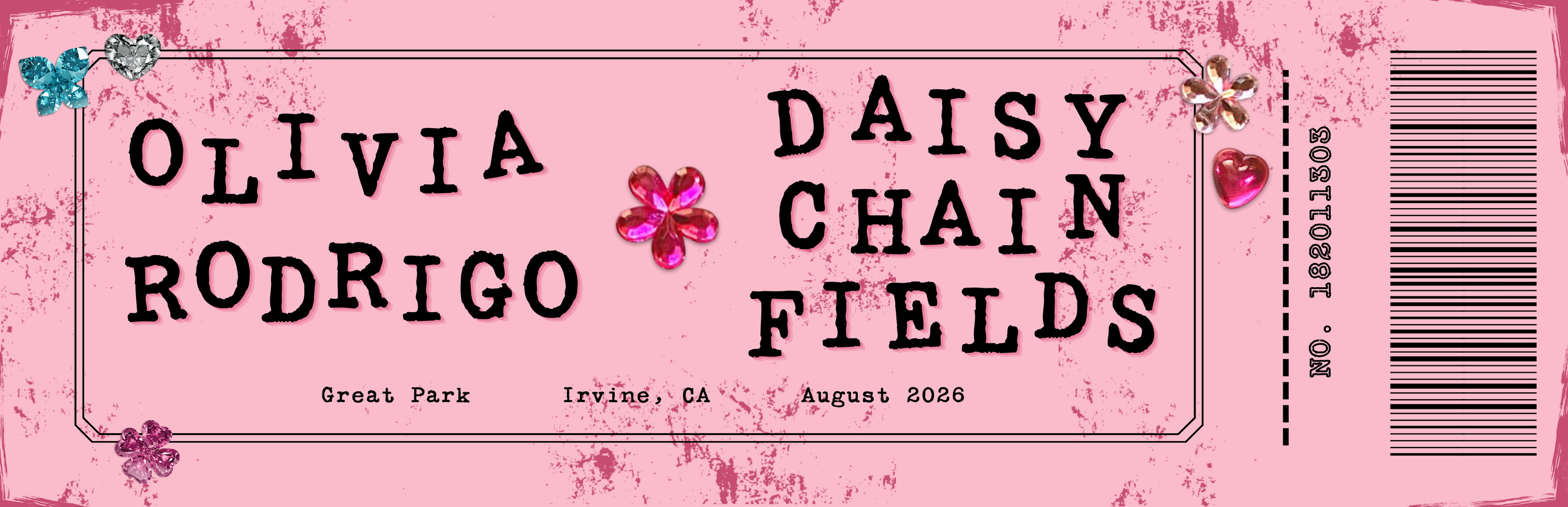 Pink ticket with black text for Olivia Rodrigo and Daisy Chain Fields, with colorful rhinestone flowers and hearts, and featuring a barcode on the right side.