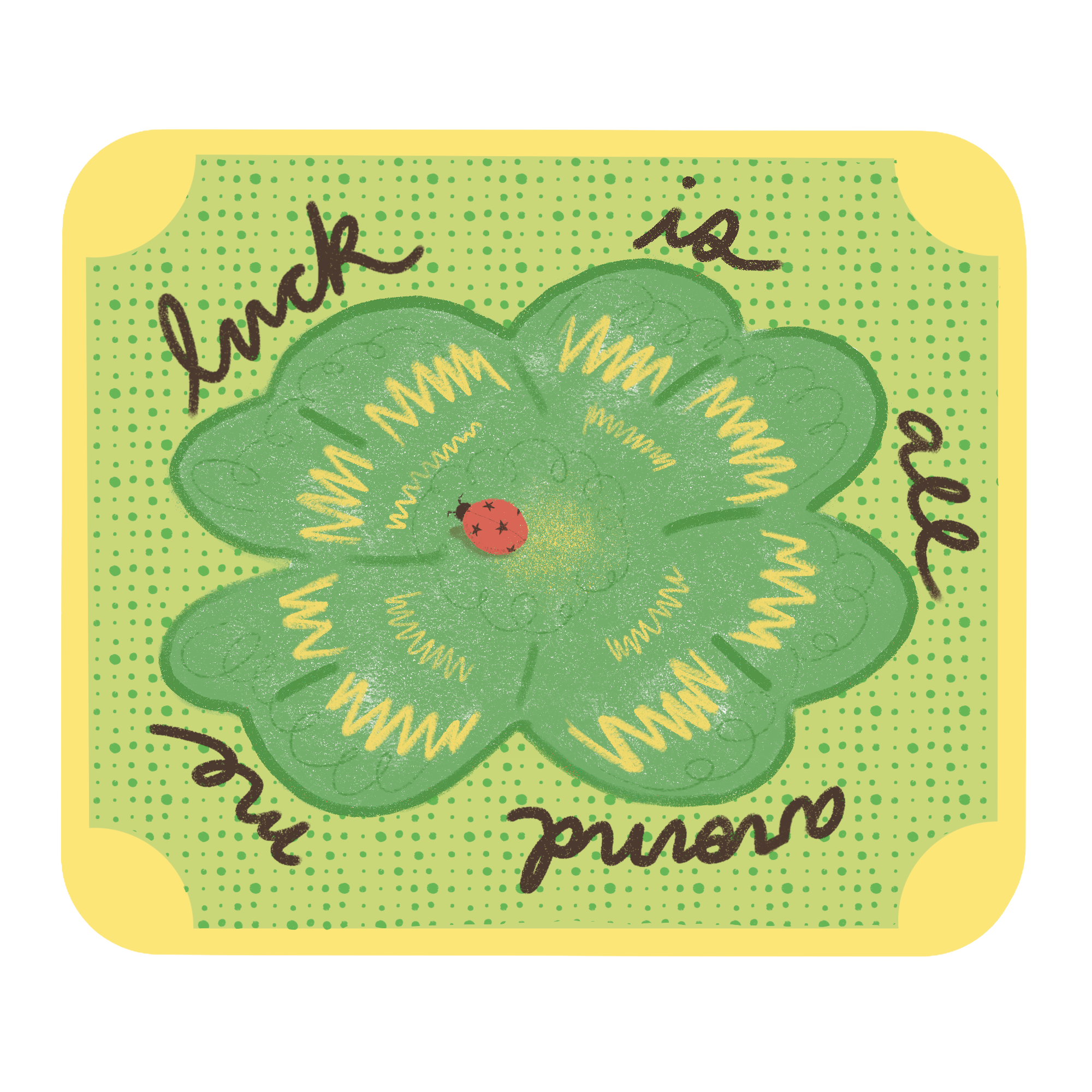 Close-up of a green fruit label with handwritten text and a small red ladybug illustration.