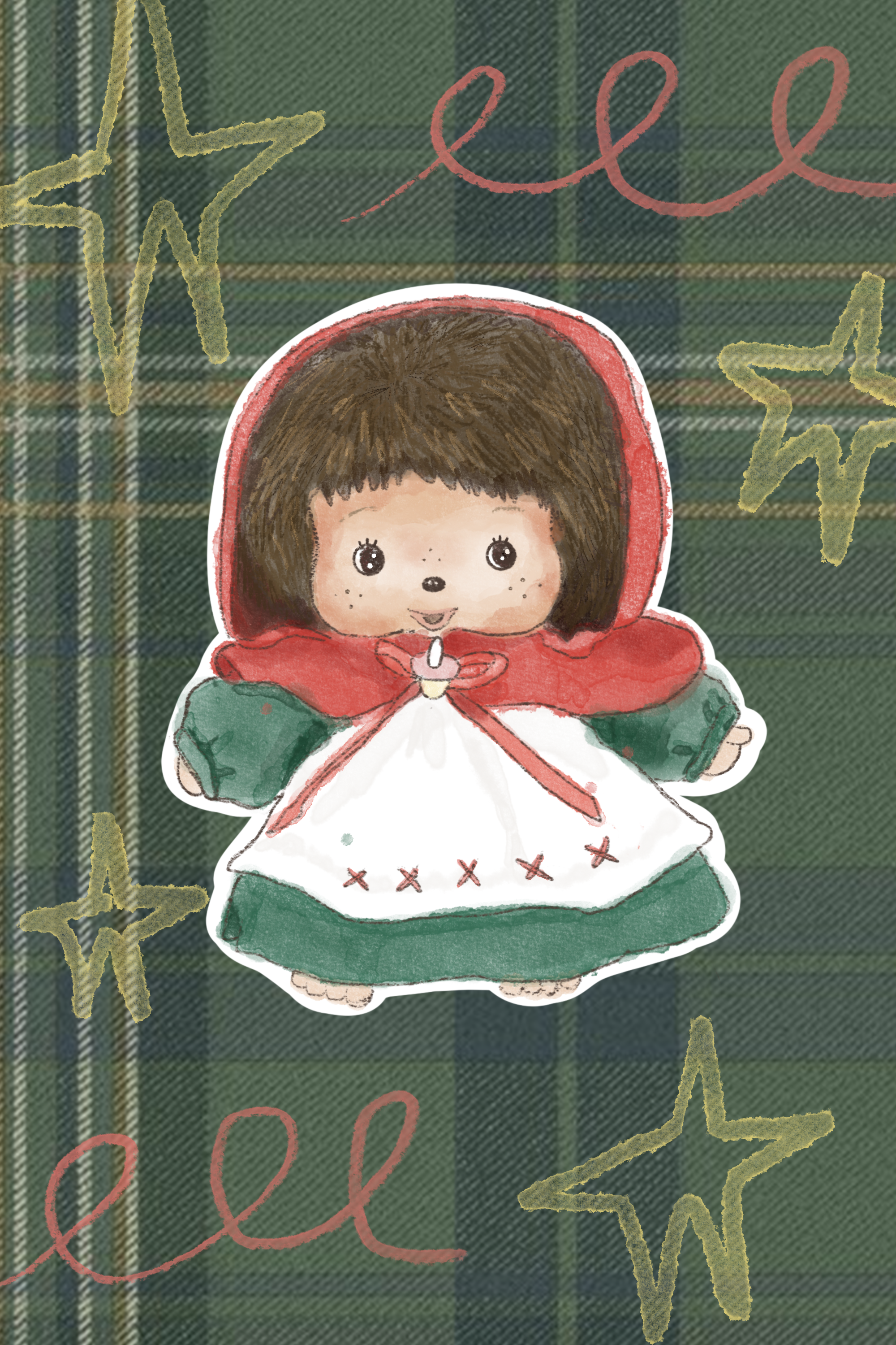A cute illustration of a girl with brown hair, wearing a red hooded cloak, a green dress, and holding a muffin, with a plaid green background and yellow and red star and swirl decorations.