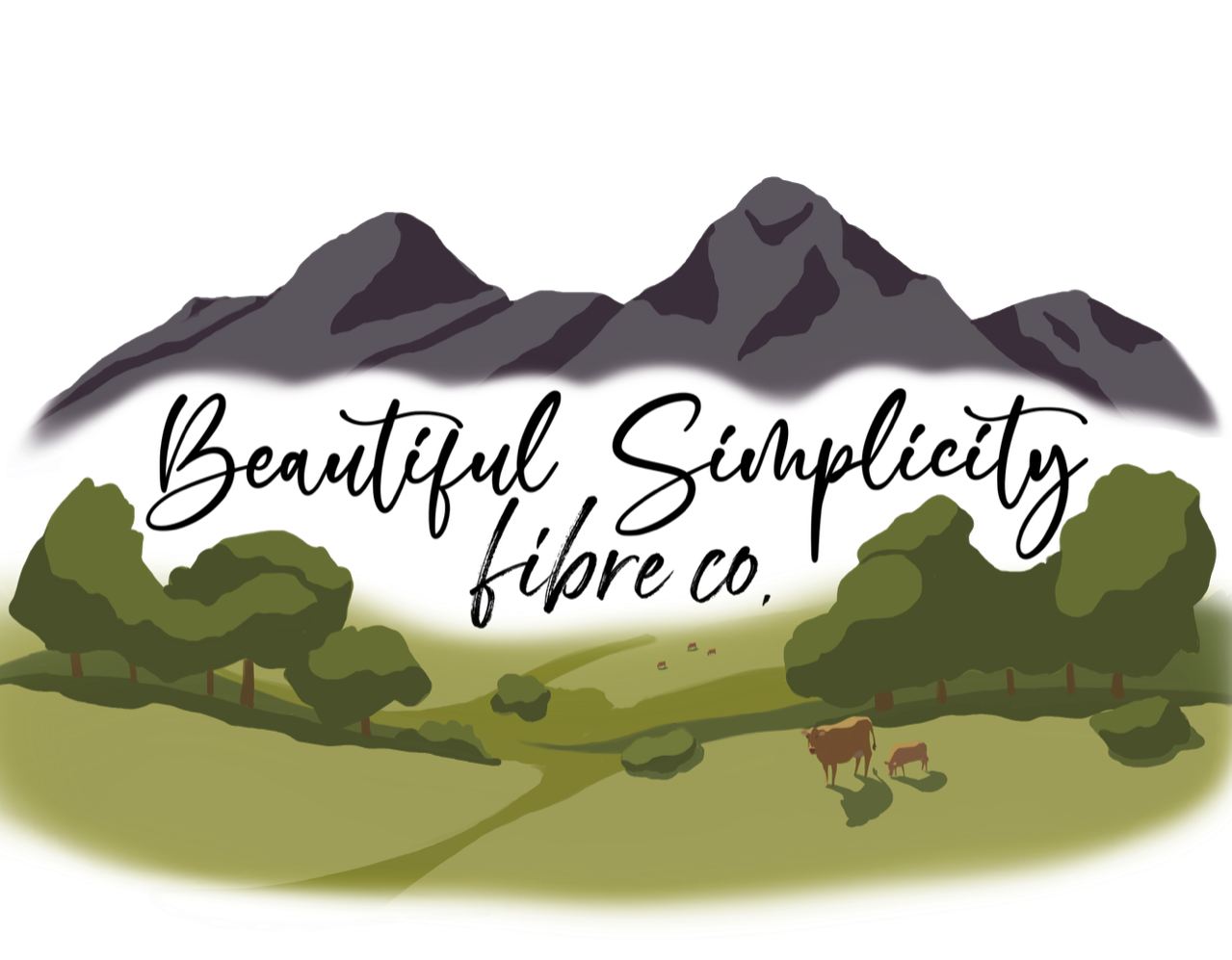 Illustration of mountains, trees, and cows with the text 'Beautiful Simplicity fiber co.'