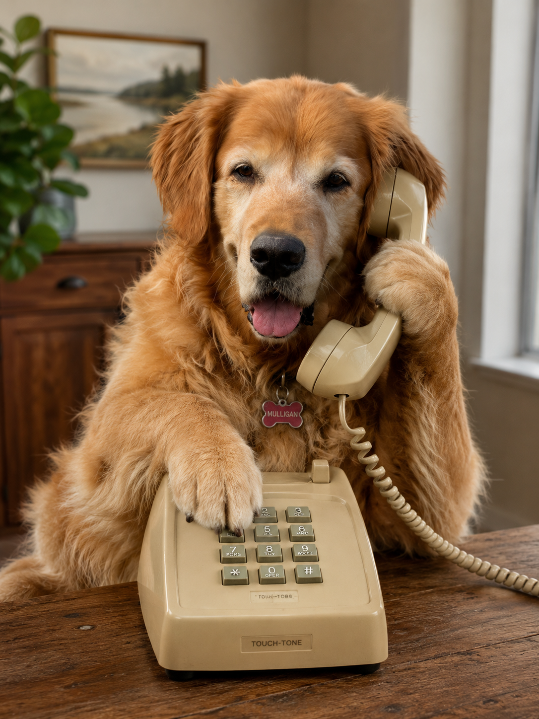 A golden retriever dog sitting at a table, holding a beige rotary phone with one paw on the receiver and the other on the dialing pad, with a name tag that reads 'Mulligan', inside a cozy room with a framed landscape painting and a houseplant in the background.