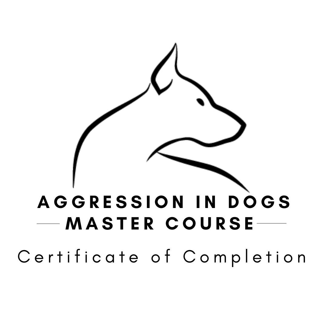Certificate for 'Aggression in Dogs Master Course' featuring a minimalist line drawing of a dog's profile and text indicating completion.