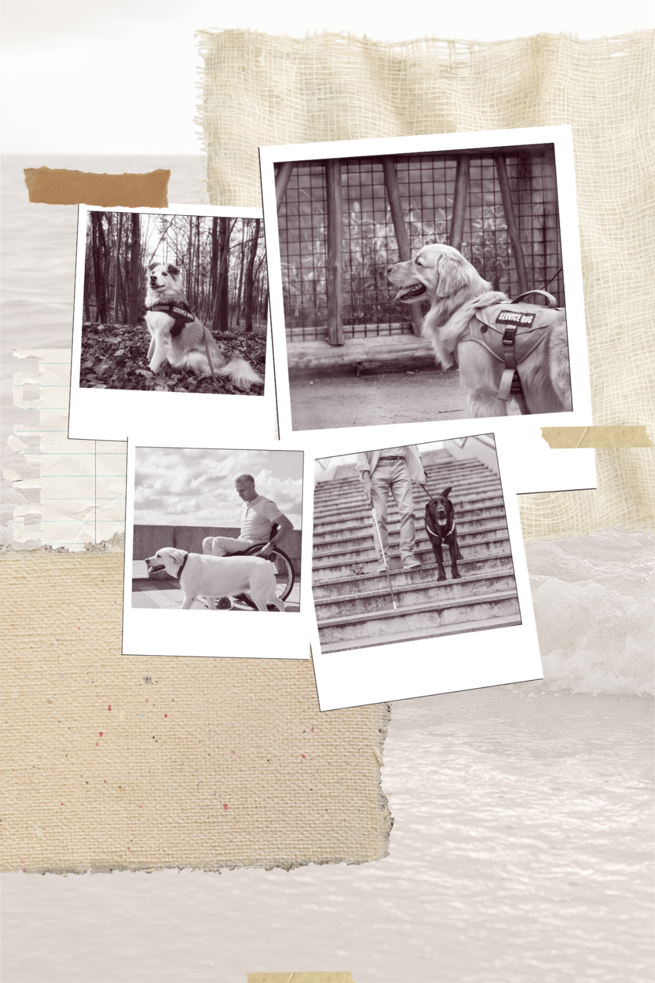 A collage of black and white photos featuring service dogs and a person with a disability, set against a textured background that resembles torn paper and watercolor.