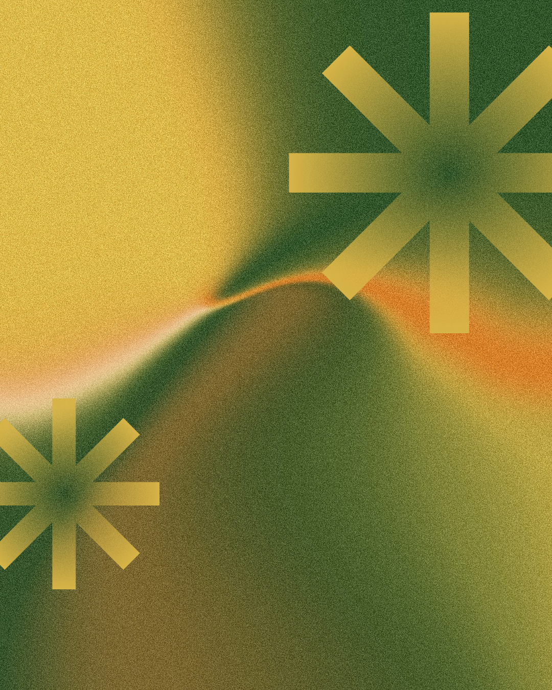 Abstract digital artwork with a gradient background of yellow, green, and red hues, featuring two stylized yellow asterisk-like shapes.