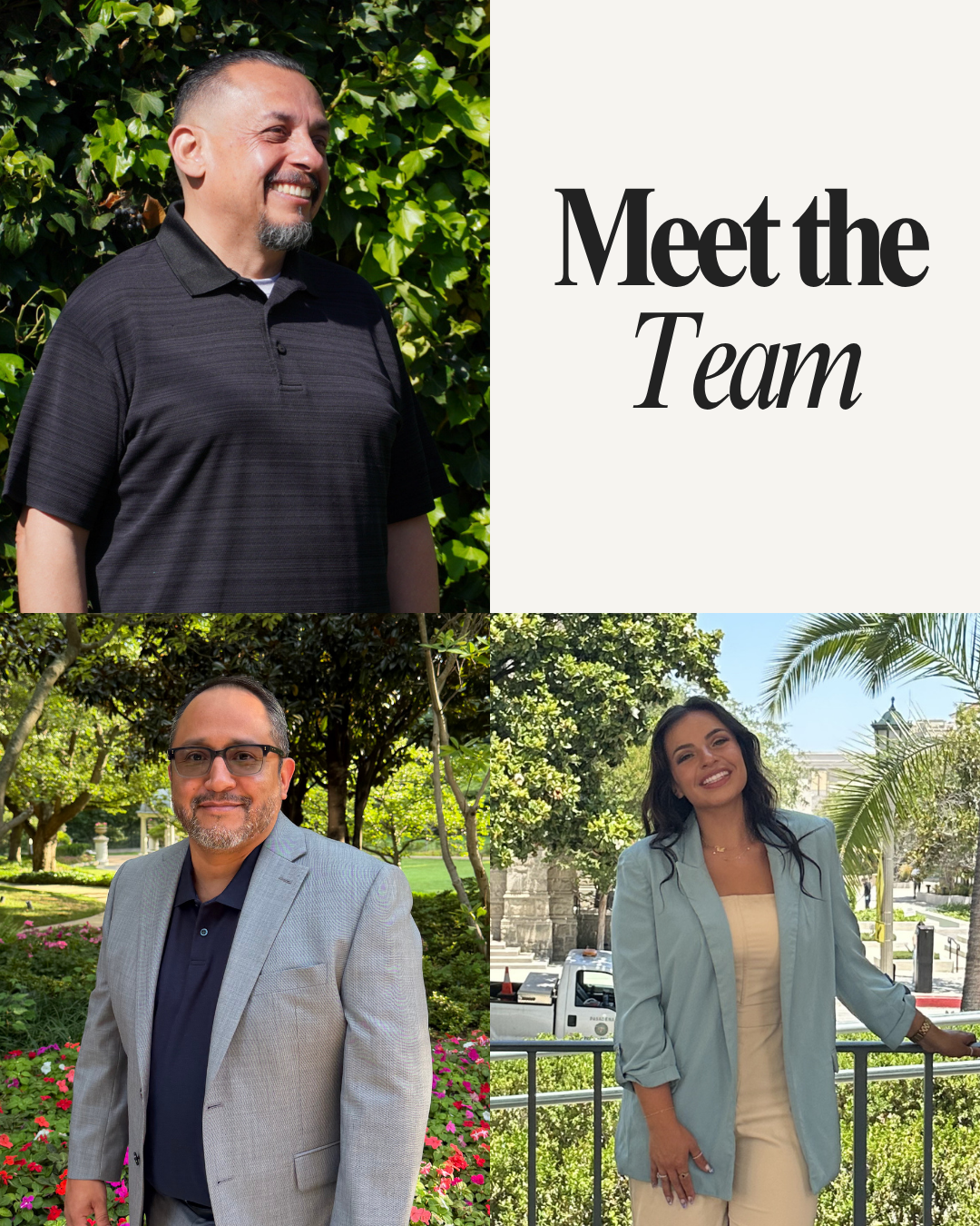 A collage of three people: a smiling man with short hair and a goatee wearing a black polo shirt standing outdoors with greenery, a man with glasses and a beard wearing a light gray blazer and dark shirt smiling outdoors with trees and flowers, and a woman with long dark hair wearing a light blue blazer and cream dress smiling outdoors with palm trees and historic buildings. The collage has the text "Meet the Team" on a white background.