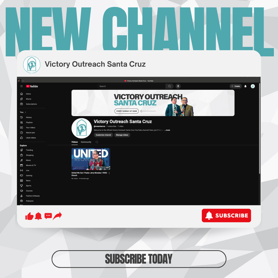 Screenshot of a YouTube channel page titled 'Victory Outreach Santa Cruz' with a banner and a video thumbnail, showing a channel named 'Victory Outreach Santa Cruz' with one video about a church service.