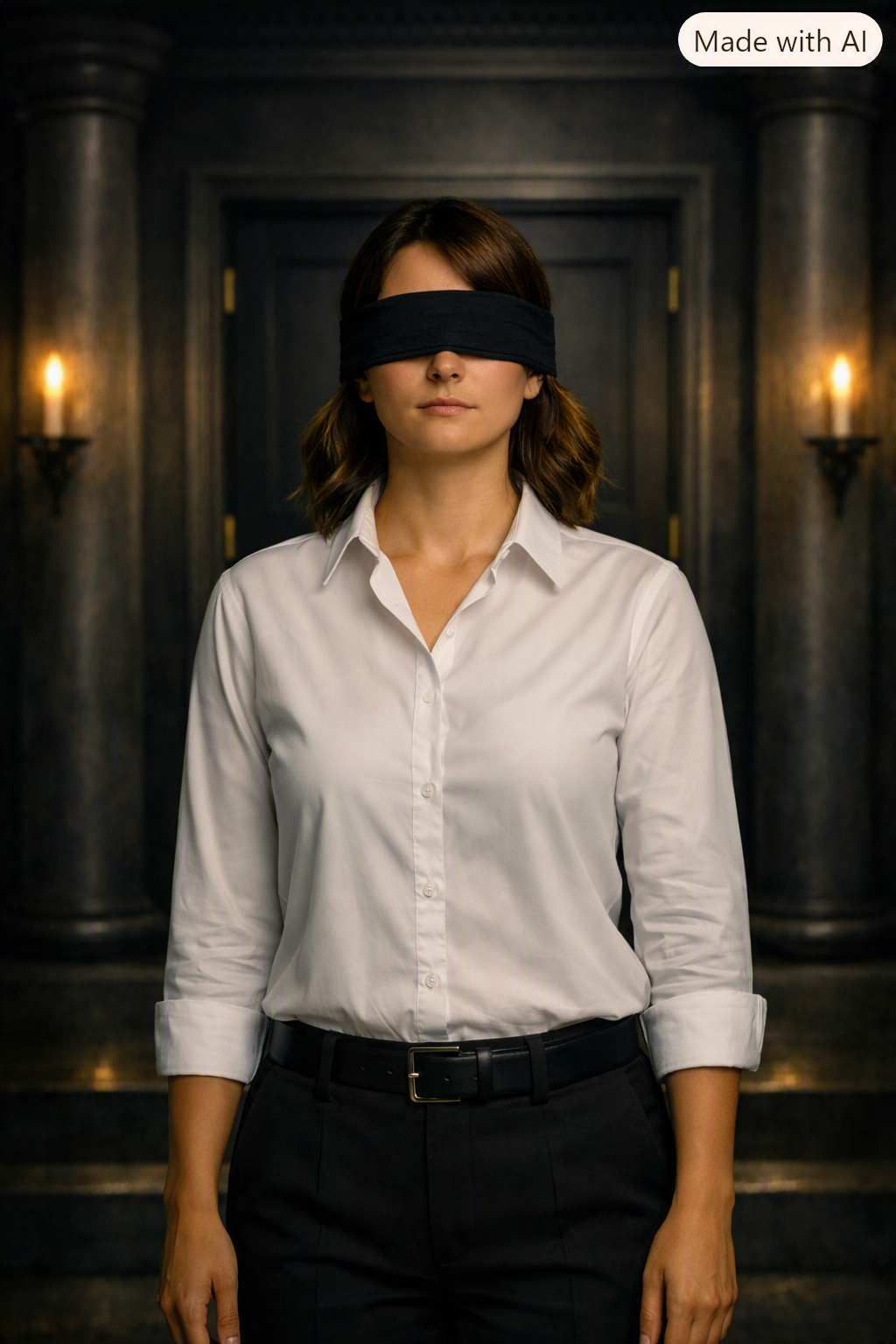 Une femme portant une chemise blanche et un pantalon noir, avec un bandeau noir couvrant ses yeux, dans un décor sombre avec des bougies allumées au mur.