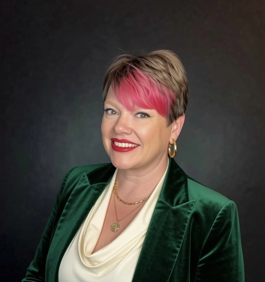 A woman with short hair, with a streak of pink, smiling and wearing a green velvet blazer, white top, gold jewelry, and dark lipstick against a dark background.