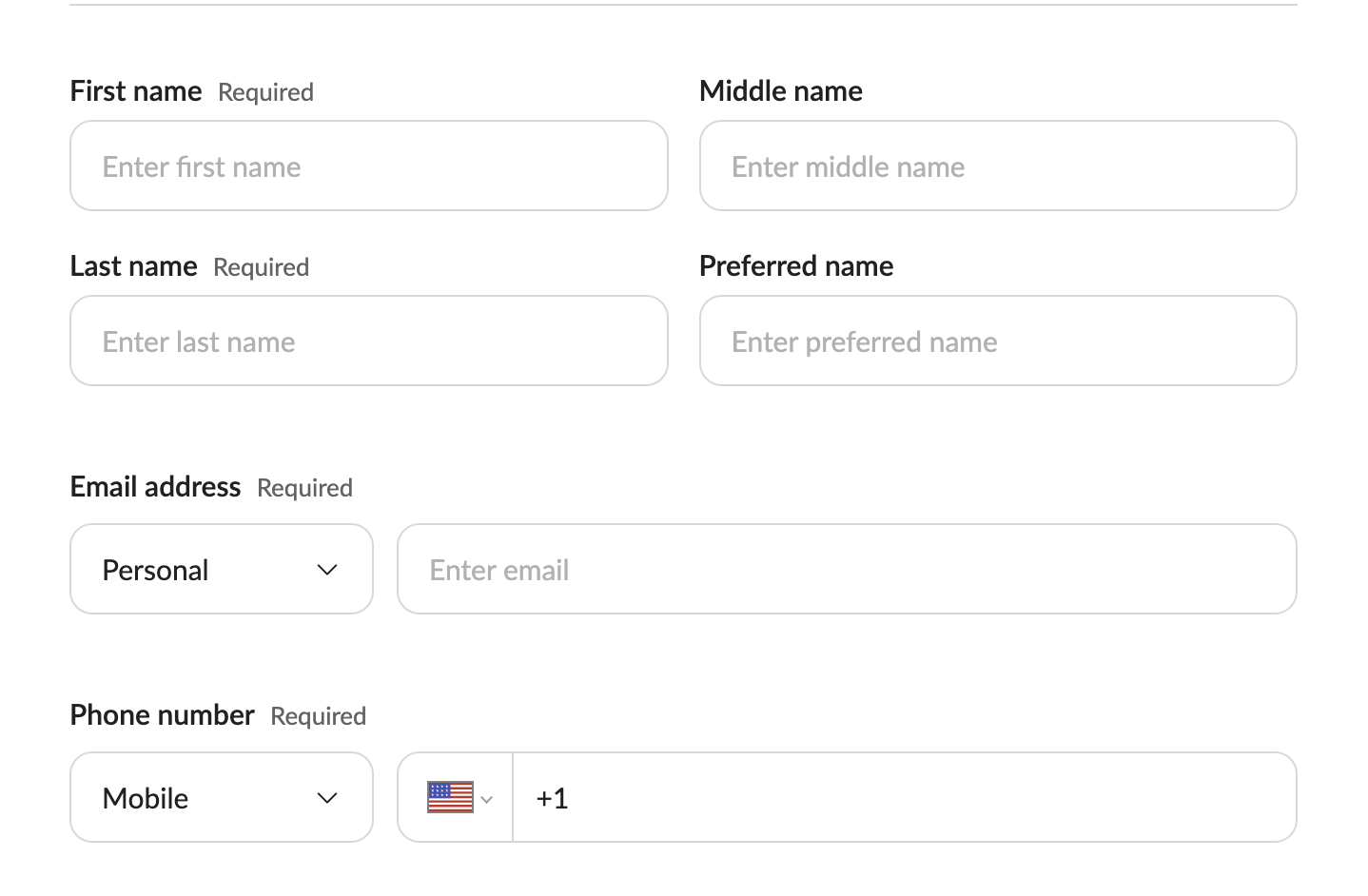 Screenshot of an online form with fields for first name, middle name, last name, preferred name, email address, and phone number, including a dropdown menu for phone type and country code.