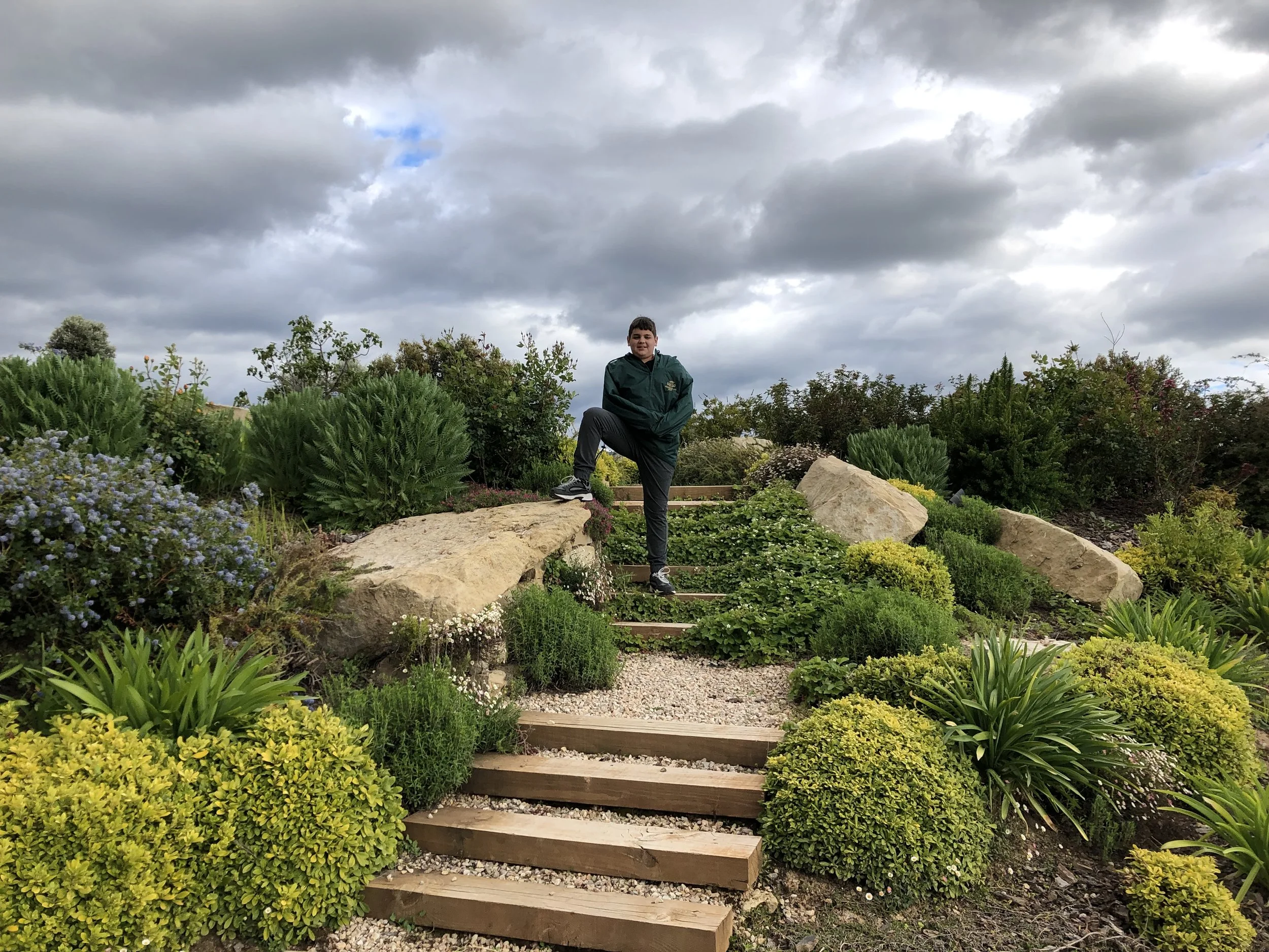 A young person standing on a wooden staircase in a garden with lush green plants, flowers, and large rocks. Overcast sky with dark clouds.