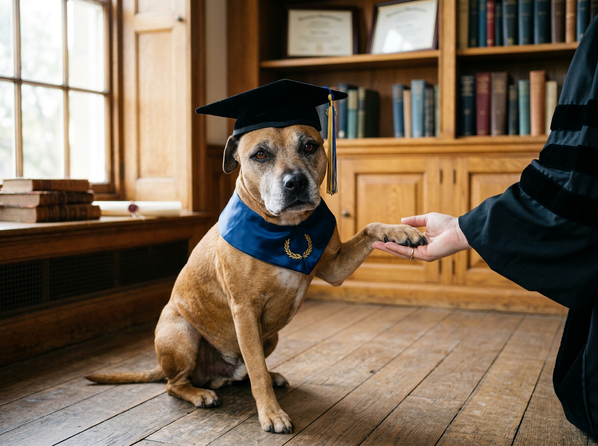 Dog wearing a graduation cap and gown, sitting indoors and shaking hands with a person in academic robes.