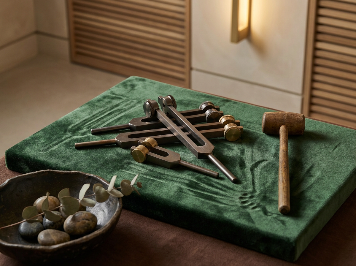 A green velvet cloth on a table displaying a set of vintage rotary glass cut glass tools, a wooden mallet, and a bowl of stones and eucalyptus leaves.