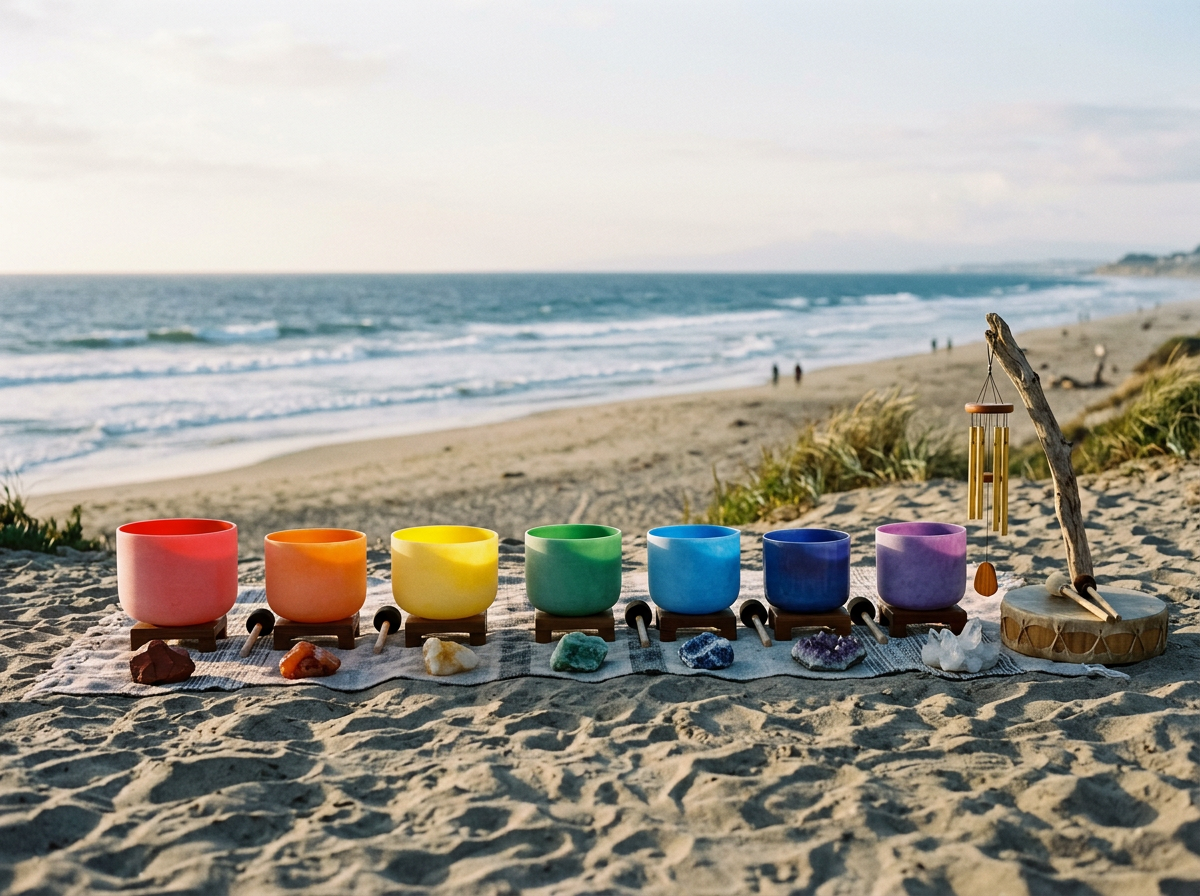 Colorful singing bowls arranged in a line on a striped cloth on a sandy beach, with a wind chime hanging from a piece of driftwood and ocean waves in the background.