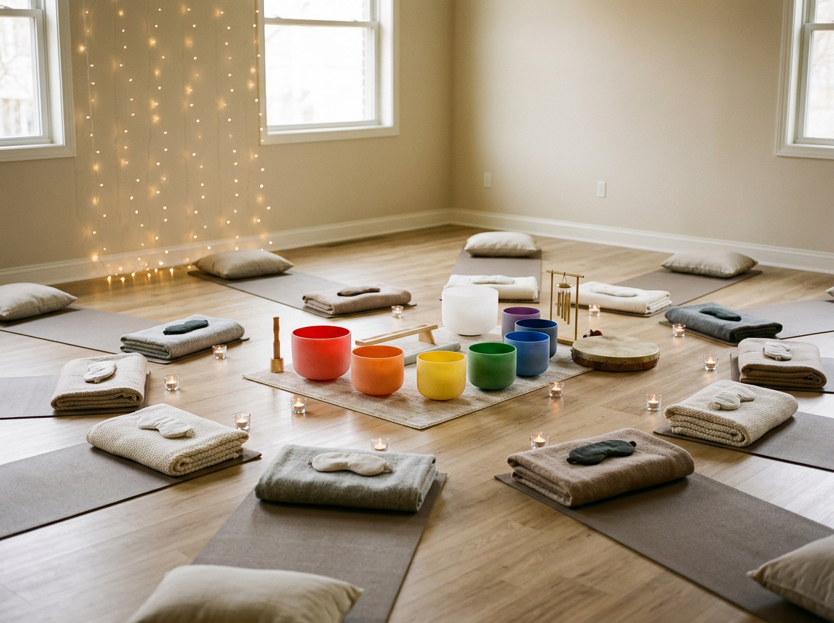A peaceful yoga or meditation room set up with mats, rolled towels, and pillows arranged around the perimeter. In the center, there are colorful singing bowls, a white crystal bowl, a small gong, and various small objects for sound therapy. The room is softly lit with string lights and tea light candles, creating a calming atmosphere.