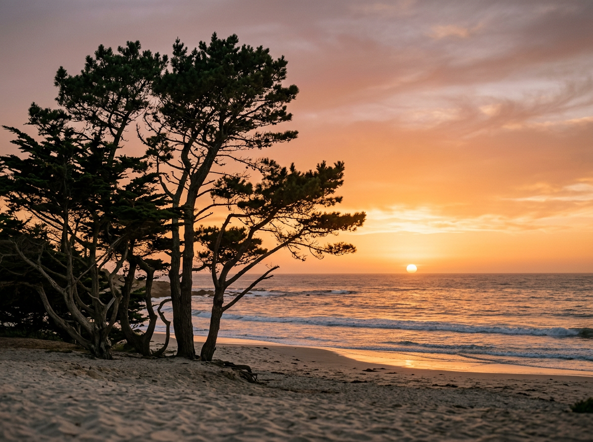 Sunset over the ocean with a sandy beach and a cluster of trees in the foreground.