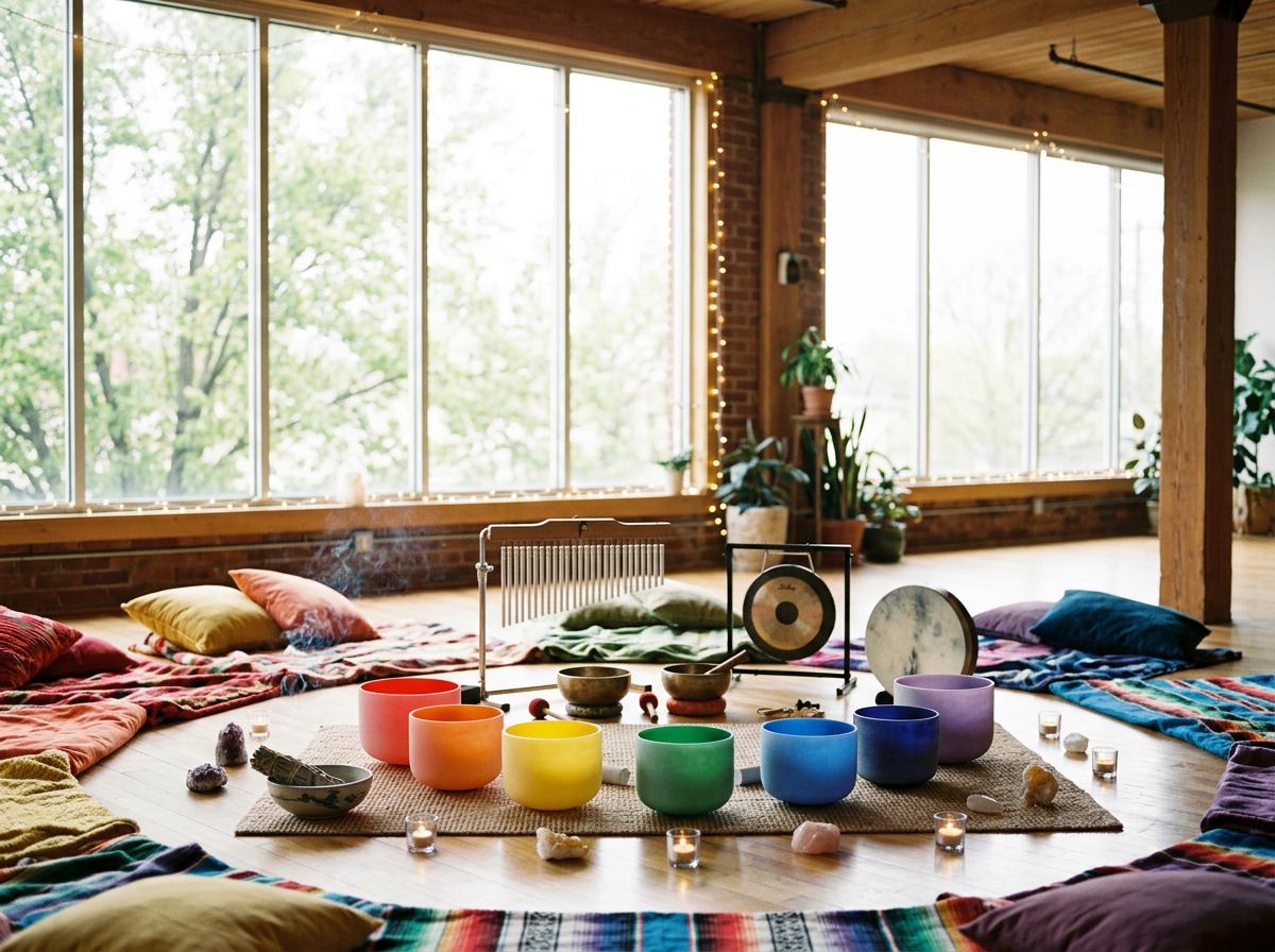 A cozy yoga or meditation space inside a bright, airy room with large windows, colorful singing bowls, cushions, candles, and plants for relaxation and mindfulness.