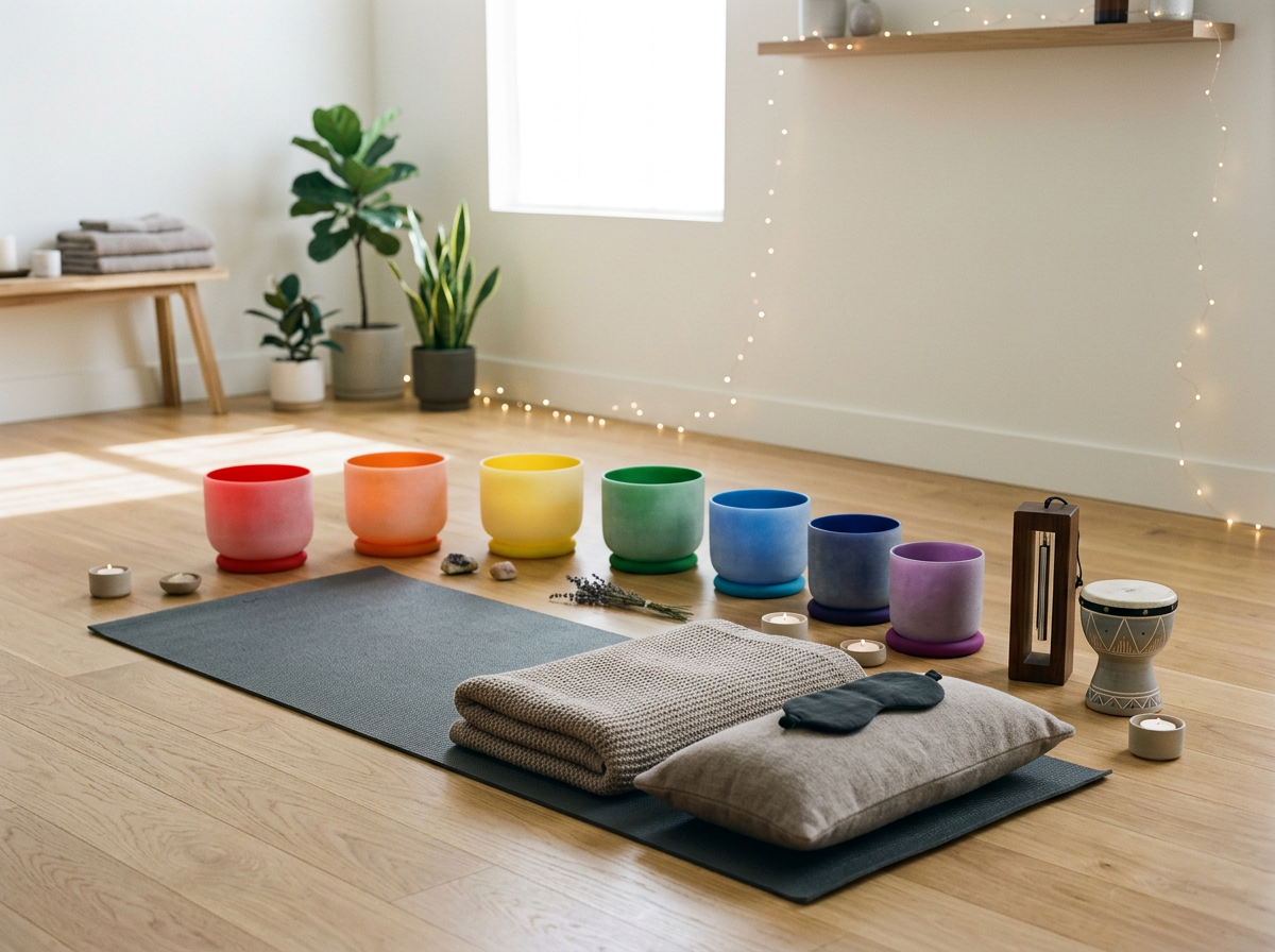 A yoga or meditation setup on a wooden floor with a gray mat, pillows, and blankets. Around the setup are nine colorful singing bowls in a rainbow order, candles, a drum, a lantern, and some plants in the background, with natural sunlight entering the room.