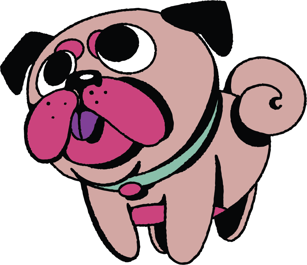 A cartoon illustration of a pink pug dog with a curly tail, wearing a green collar and a pink tag. The pug has big eyes and a black nose.