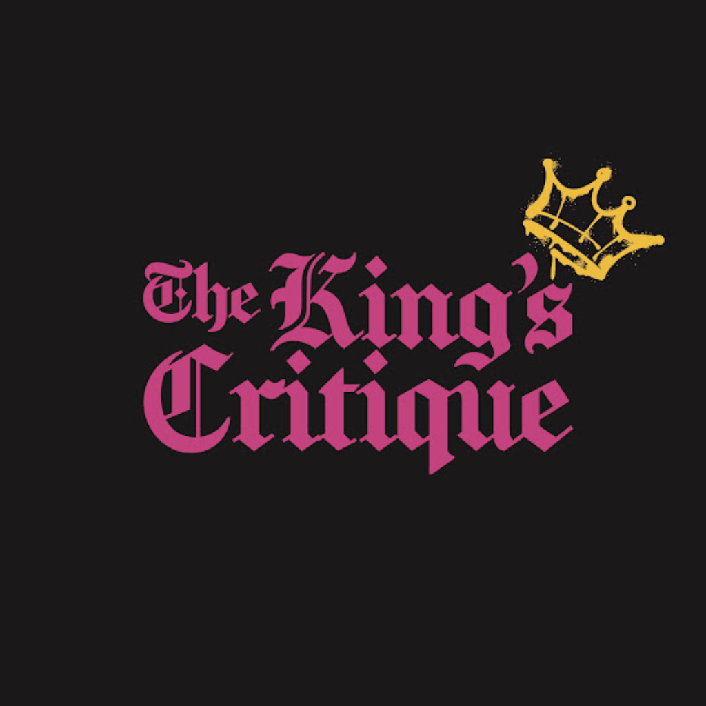 Pink gothic text reading 'The King's Critique' with a yellow crown illustration on a black background.