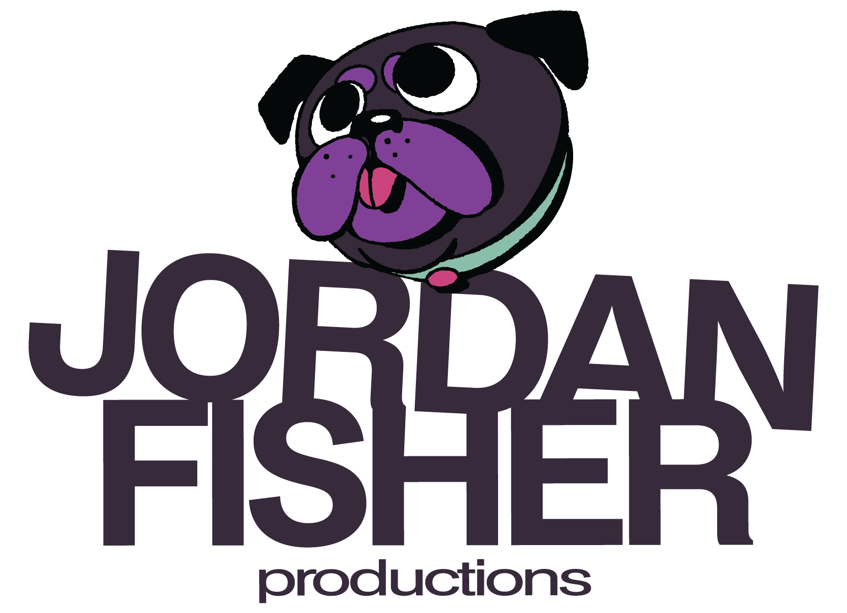 Logo for Jordan Fishery Productions featuring a cartoon purple dog with big eyes and a pink tongue, positioned above the words 'JORDAN FISHERY productions' in large purple letters.