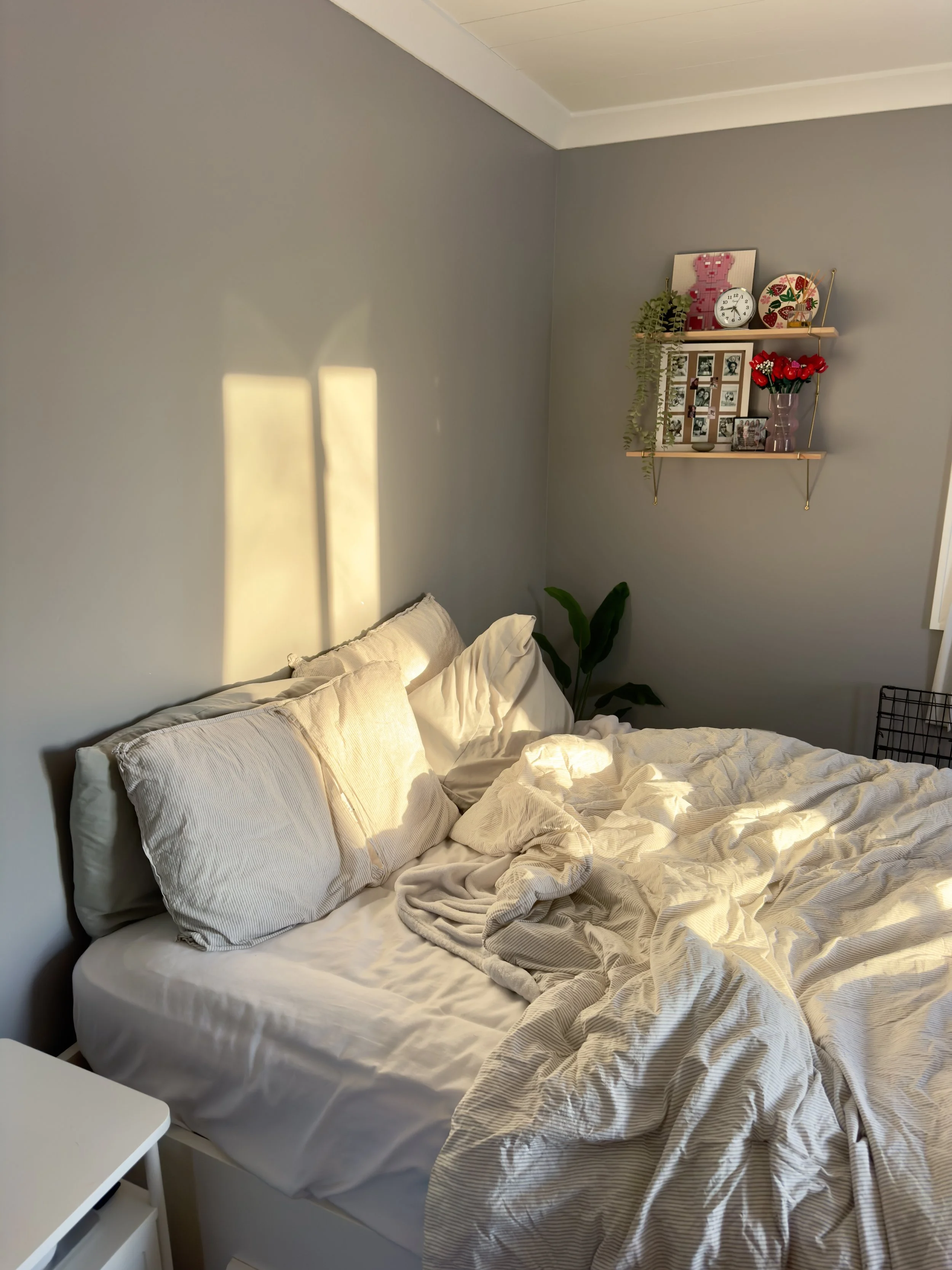 Unmade bed with white linens and pillows, sunlight casting shadows on the wall, a nightstand on the right side, a gray wall with a floating shelf decorated with plants, a clock, framed photographs, a vase with red flowers, and decorative items.