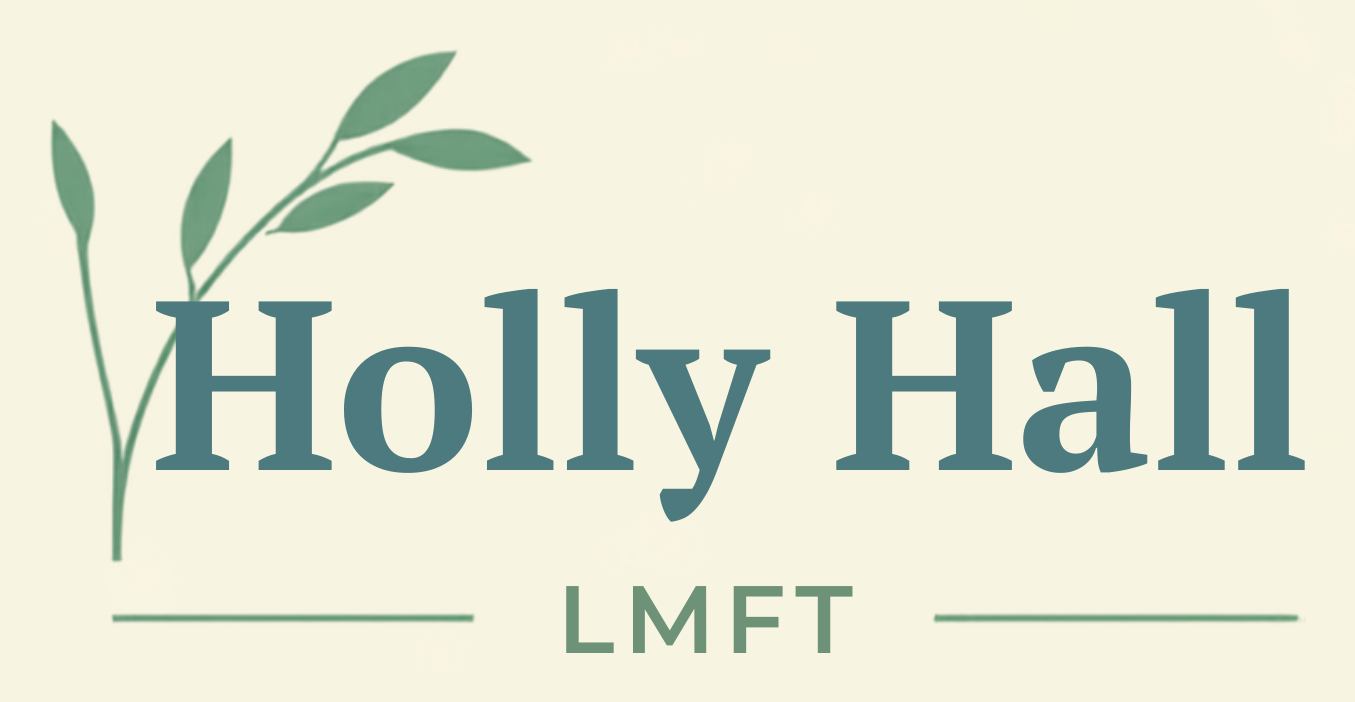 Logo for Holy Hall LMFT featuring green leafy branch and text on a light background.