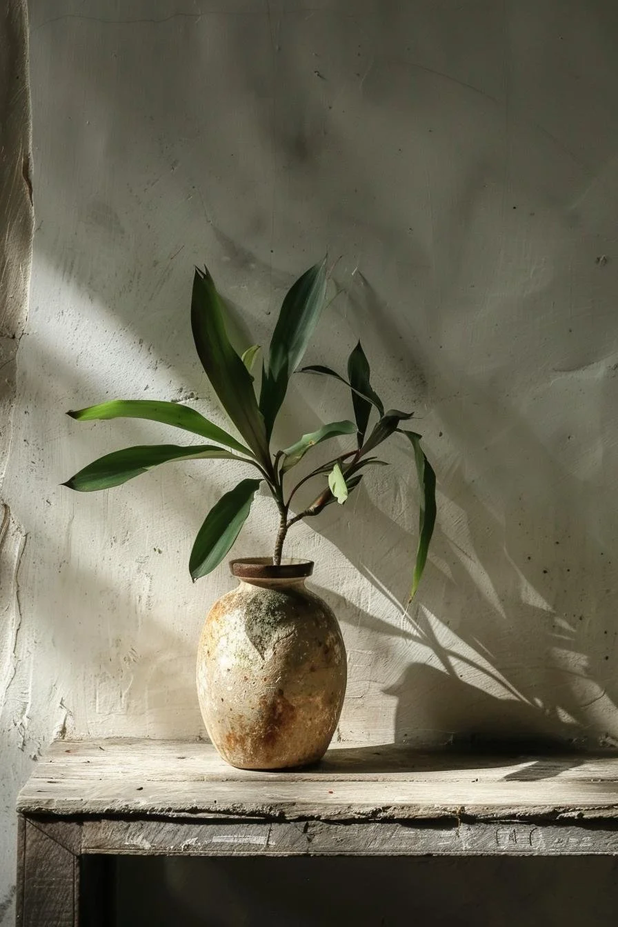 A green leafy plant in a rustic, weathered ceramic vase placed on a white distressed wooden shelf, casting a long shadow on the textured white wall behind it.