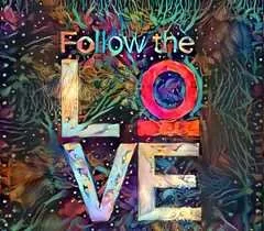Colorful text that says 'Follow the LOVE' over a vibrant abstract background with fireworks and decorative elements.