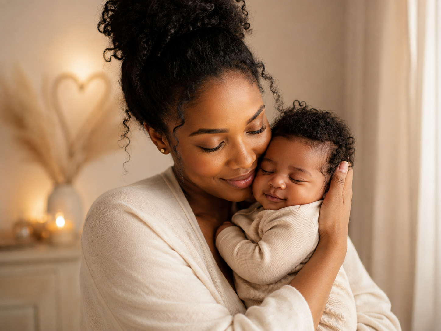 A woman holding a sleeping baby close to her face with a gentle smile, in a cozy, softly lit room.