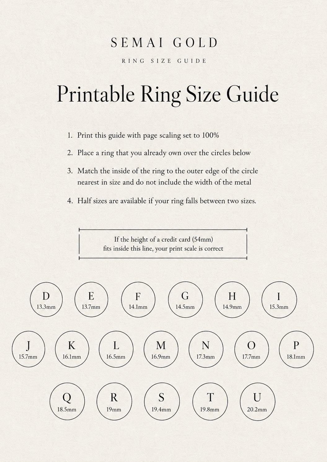 Printable ring size guide with circles representing different ring sizes, labeled with letters and millimeter measurements.