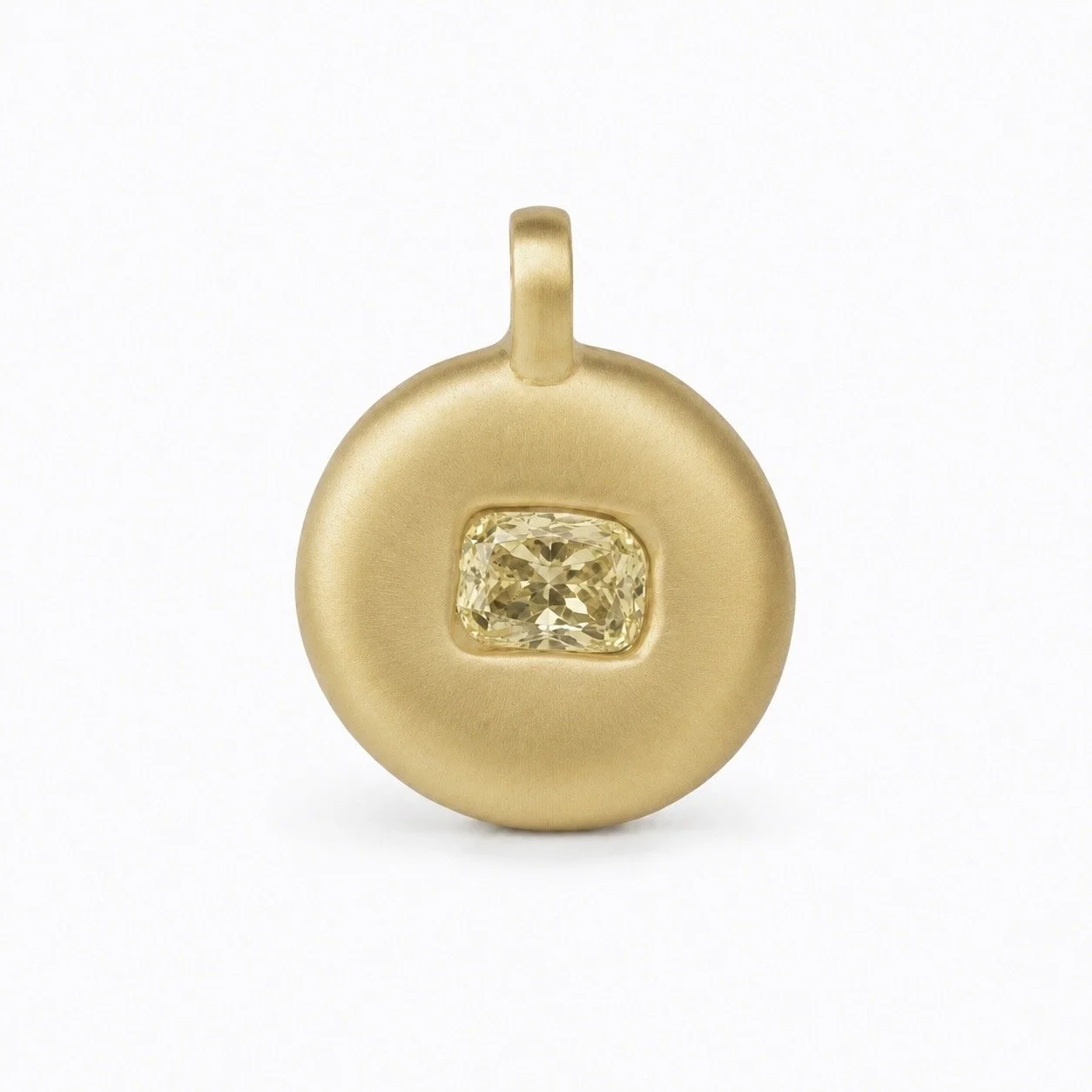 Matte 18k 9k Yellow gold round pendant with pale yellow cushion-cut diamond in a bezel setting
