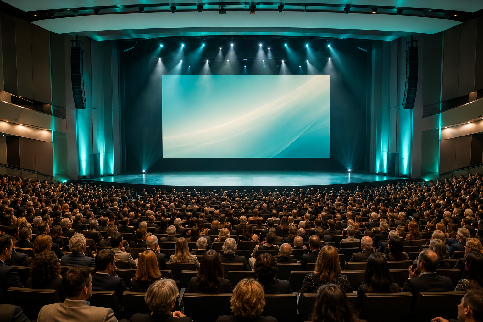 Large audience watching a presentation or performance on a stage with a blank screen in a modern, well-lit auditorium.