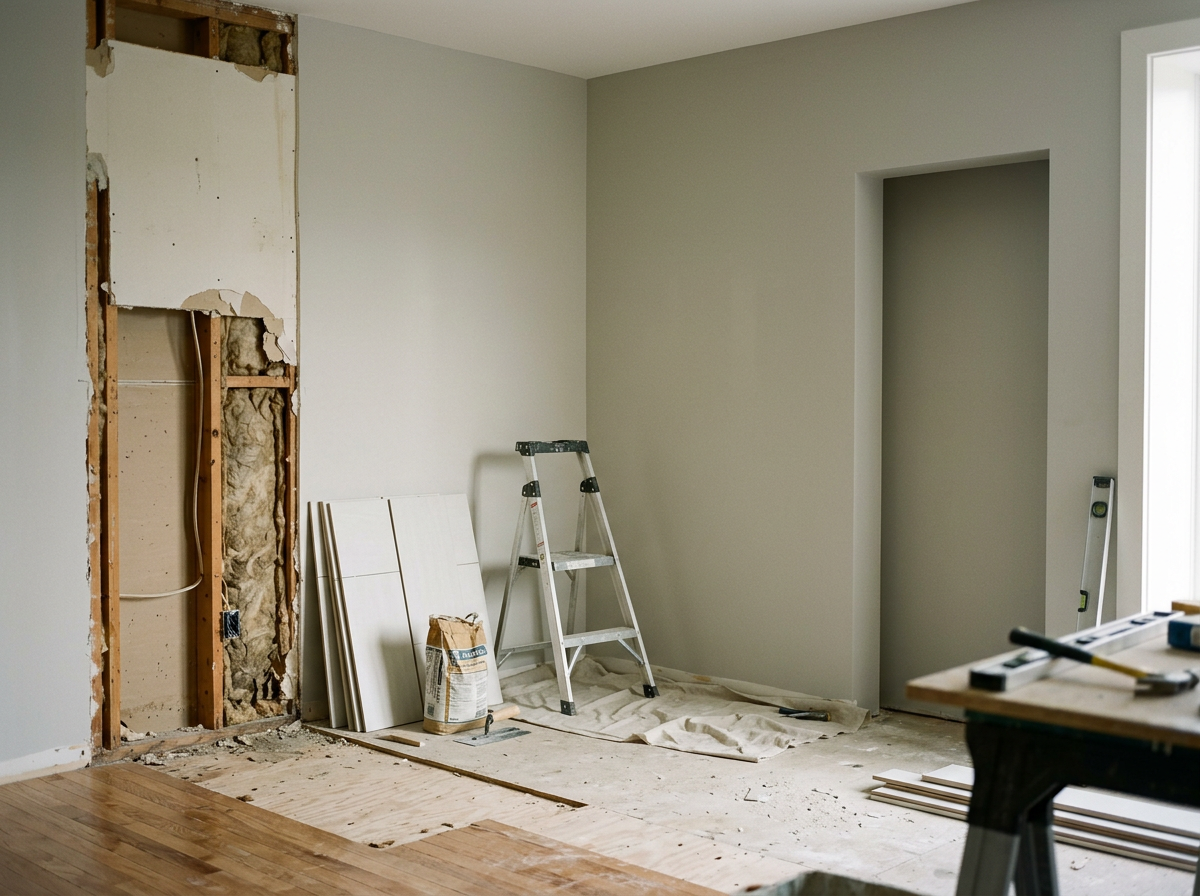 Room under renovation with an open wall showing insulation and wooden framing, construction tools and materials on the floor, and a ladder leaning against the wall.