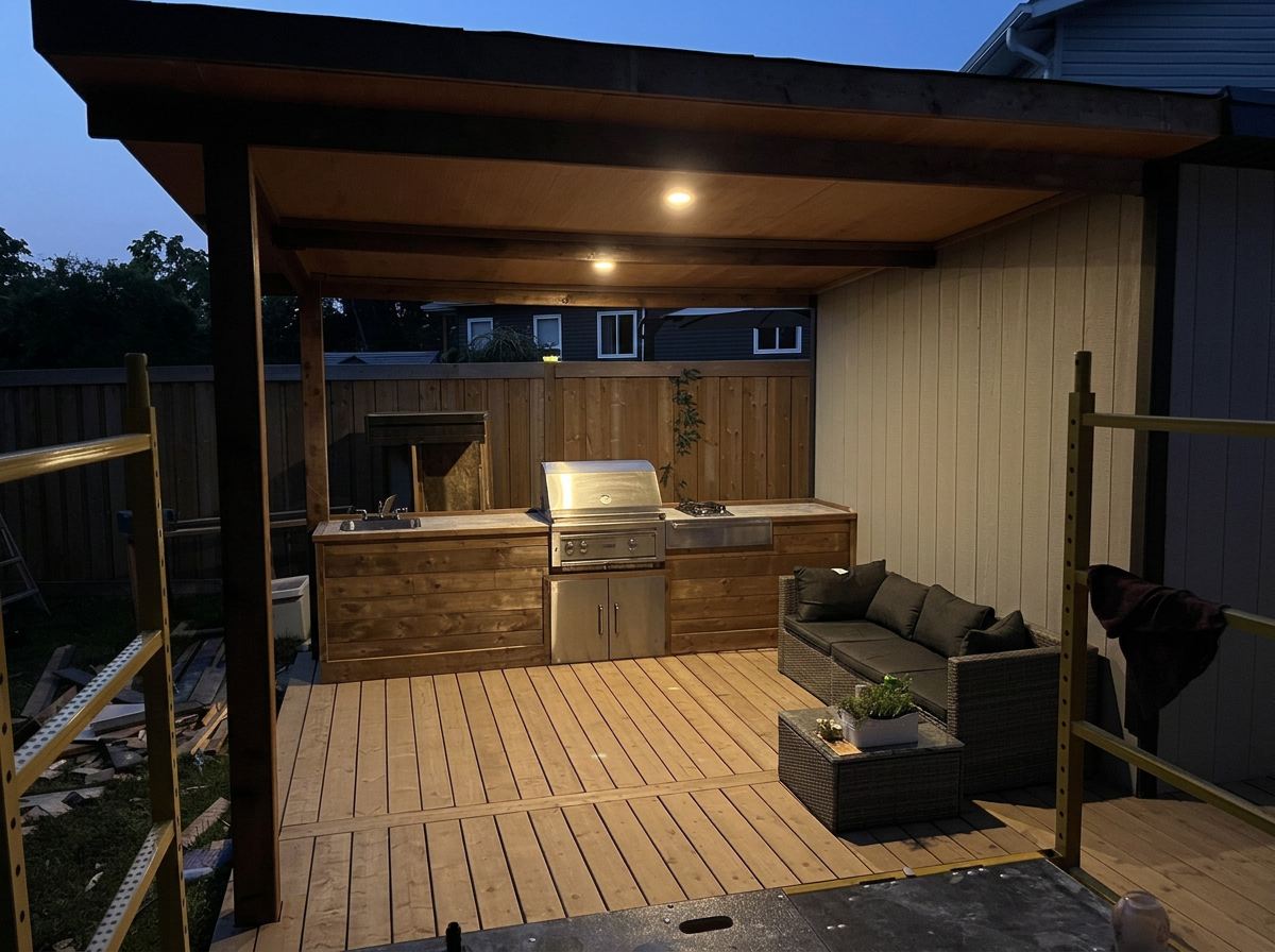 An outdoor covered patio area with a wooden deck, a built-in outdoor kitchen with a grill, a sink, and storage cabinets, and a seating area with a dark sofa and a small table with potted plants, during dusk or evening.