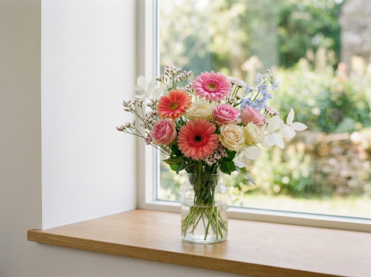 A glass vase with a bouquet of pink, white, and purple flowers on a wooden windowsill with a garden outside.