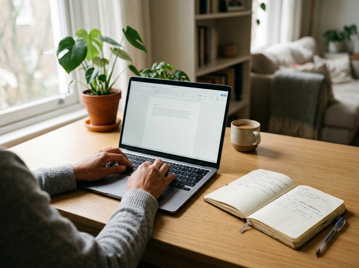 Person working on a laptop at a wooden desk with a potted plant, open notebook, and coffee mug in a cozy room with a sofa and bookshelf.