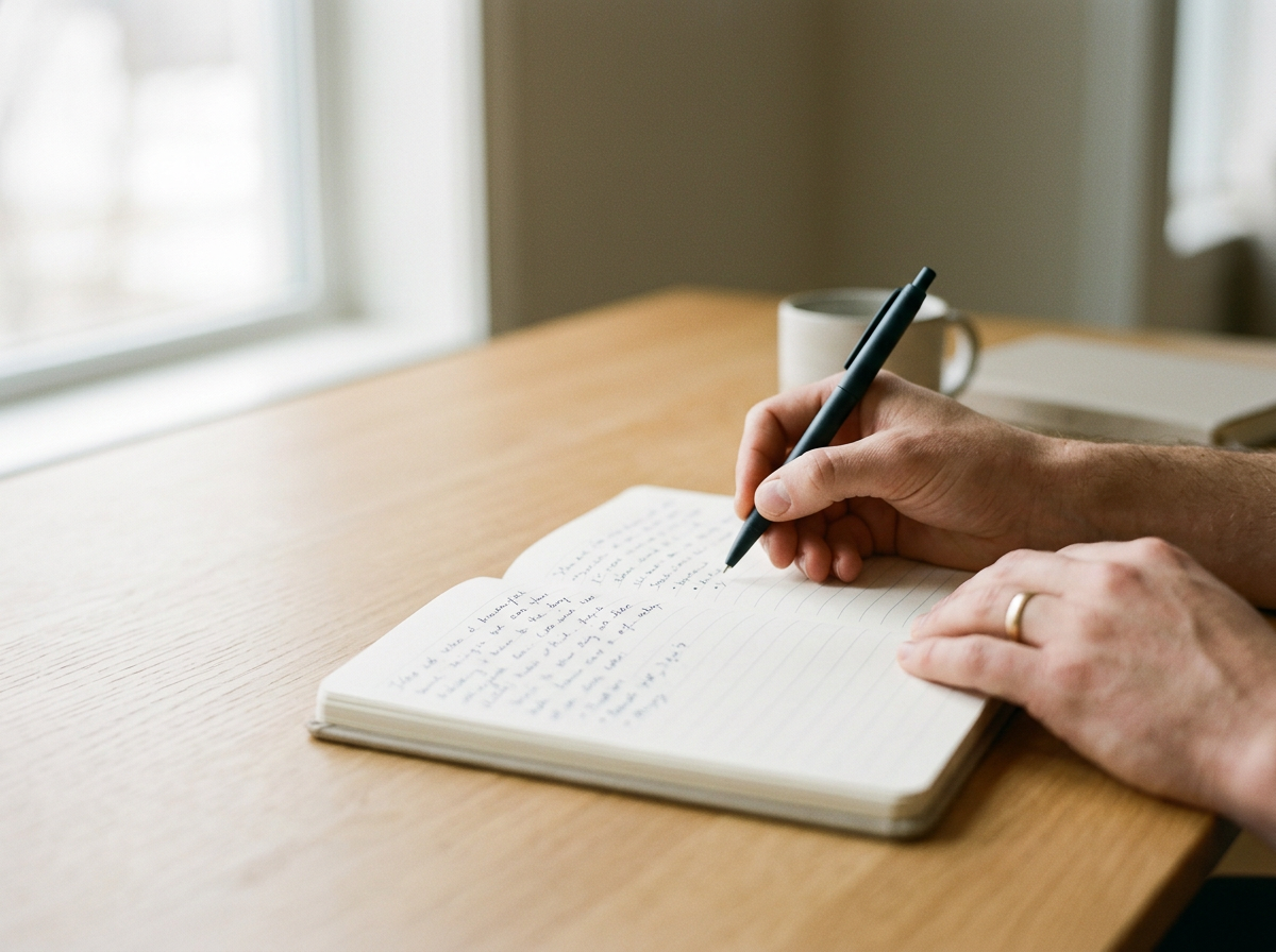 A person writes in a notebook with a black pen, sitting at a wooden table near a window, with a mug and books on the table.