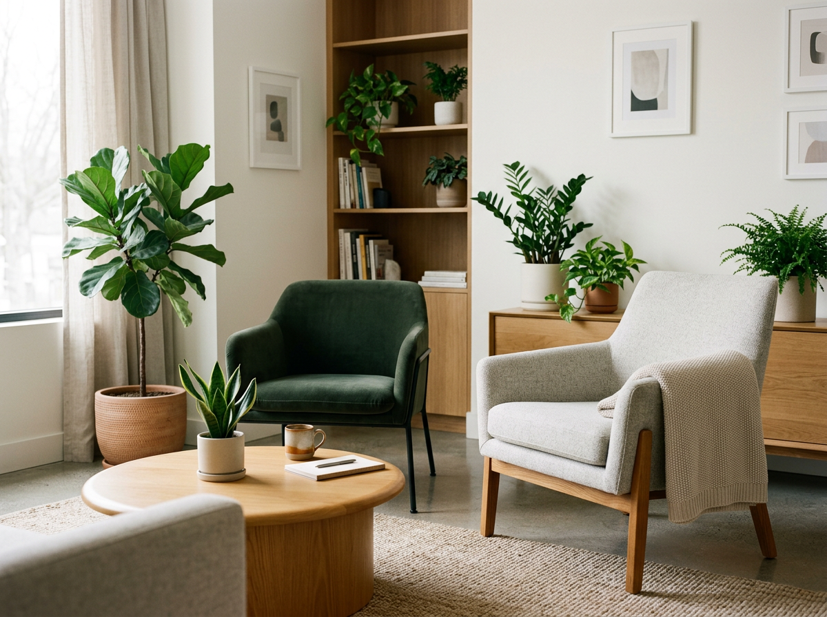 Living room with two armchairs, a coffee table with a plant and a cup, a bookshelf with plants and books, and framed artwork on the wall.