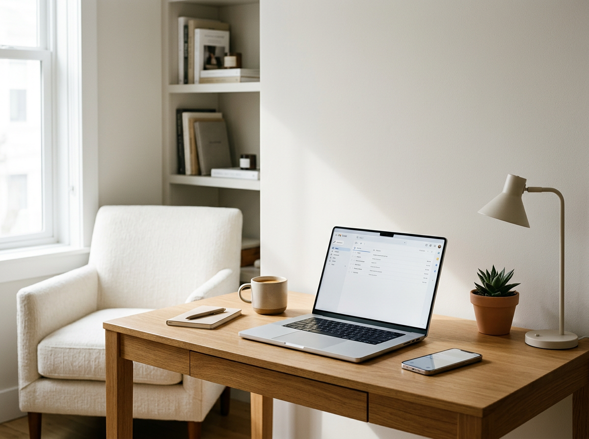 A home office space with a wooden desk, laptop, smartphone, notebook, pen, mug, desk lamp, potted plant, white armchair, and built-in bookshelves with books and decor in the background.